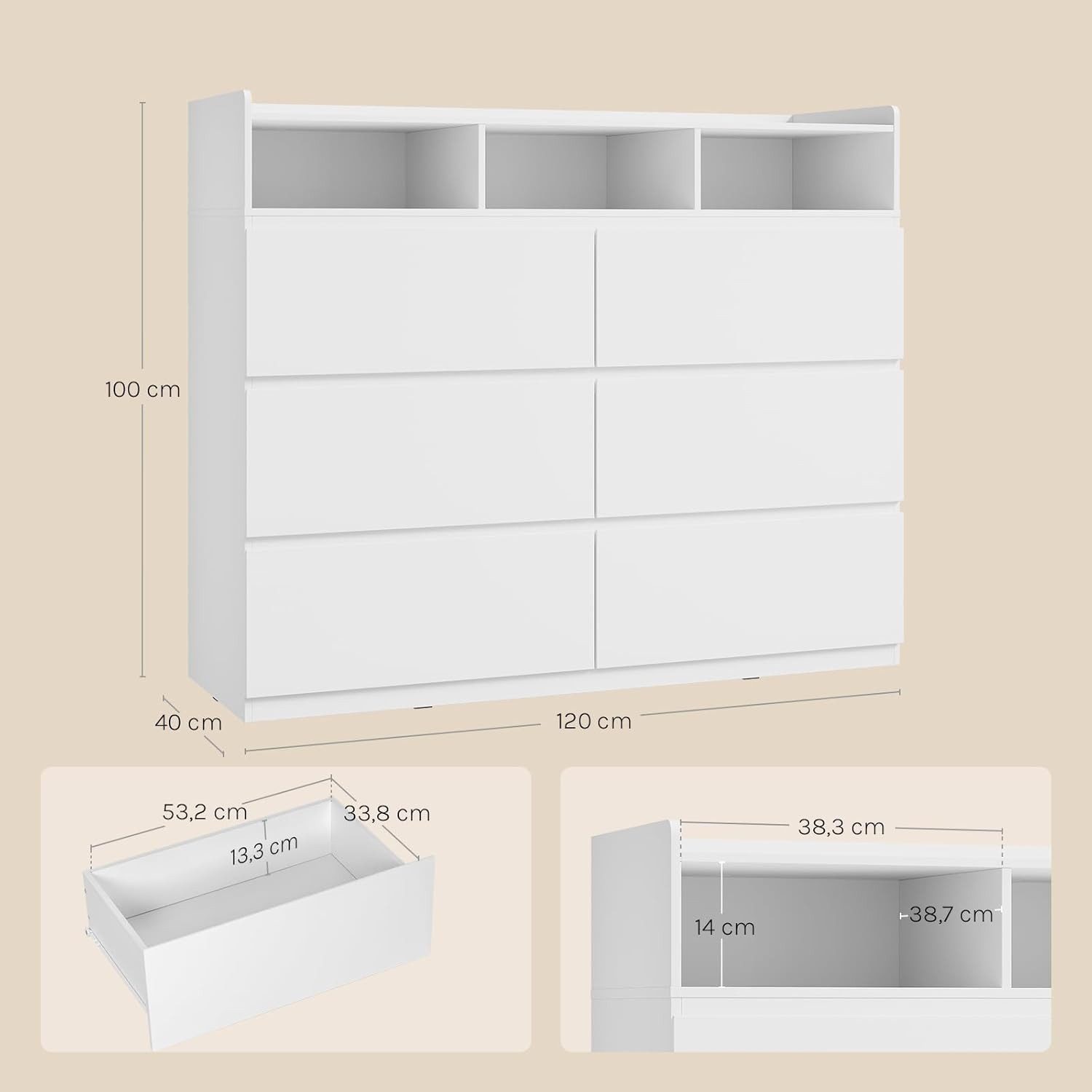 Woltu Kommode (2 St), mit 6 Schubladen und 3 offenen Fächern, 120x40x100 cm