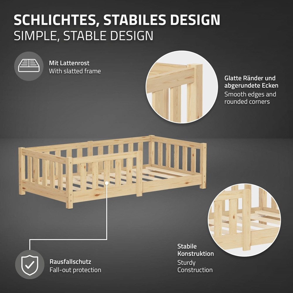ML-DESIGN Spielbett Bodenbett Holzbett mit Lattenrost & Rausfallschutz Jugendbett Babybett, Abenteuerbett mit Matratze H-10 cm 70x140cm Kinderbett Bettgestell – Bild 4 von 5
