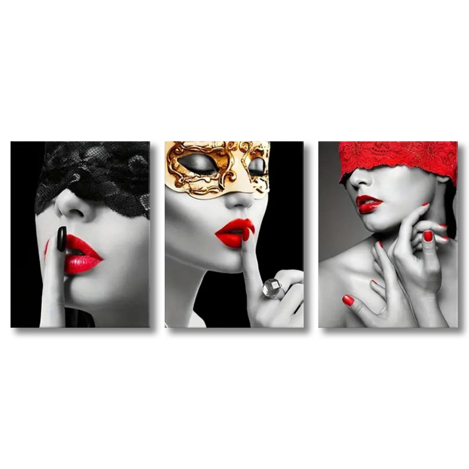 TPFLiving Kunstdruck OHNE RAHMEN, 3er Set - Frau mit roten Lippen - (Leinwandbild XXL), Farben: Farben: Schwarz, rot, gold - Größe: 20x30cm