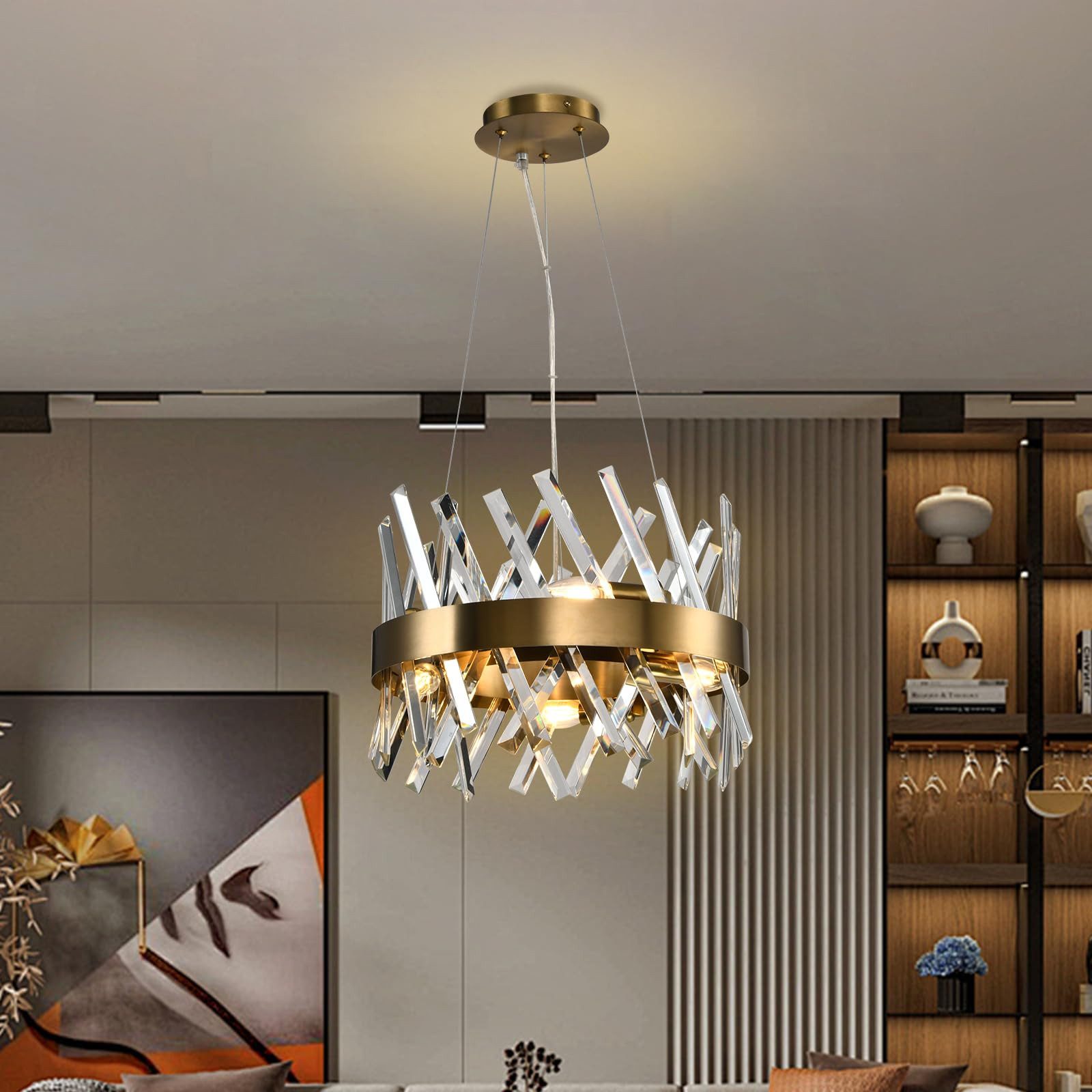 LQWELL Kronleuchter Modern Lampenschirm Industrie Chandelier E14 Schlafzimmerlampe, Keine Glühbirne, Champagner Gold Minimalistische Kristall Pendellampe Hängelampe, Wohnraumbele, für Wohnzimmer Schlafzimmer Esszimmer Gang Cafés Bar Studio