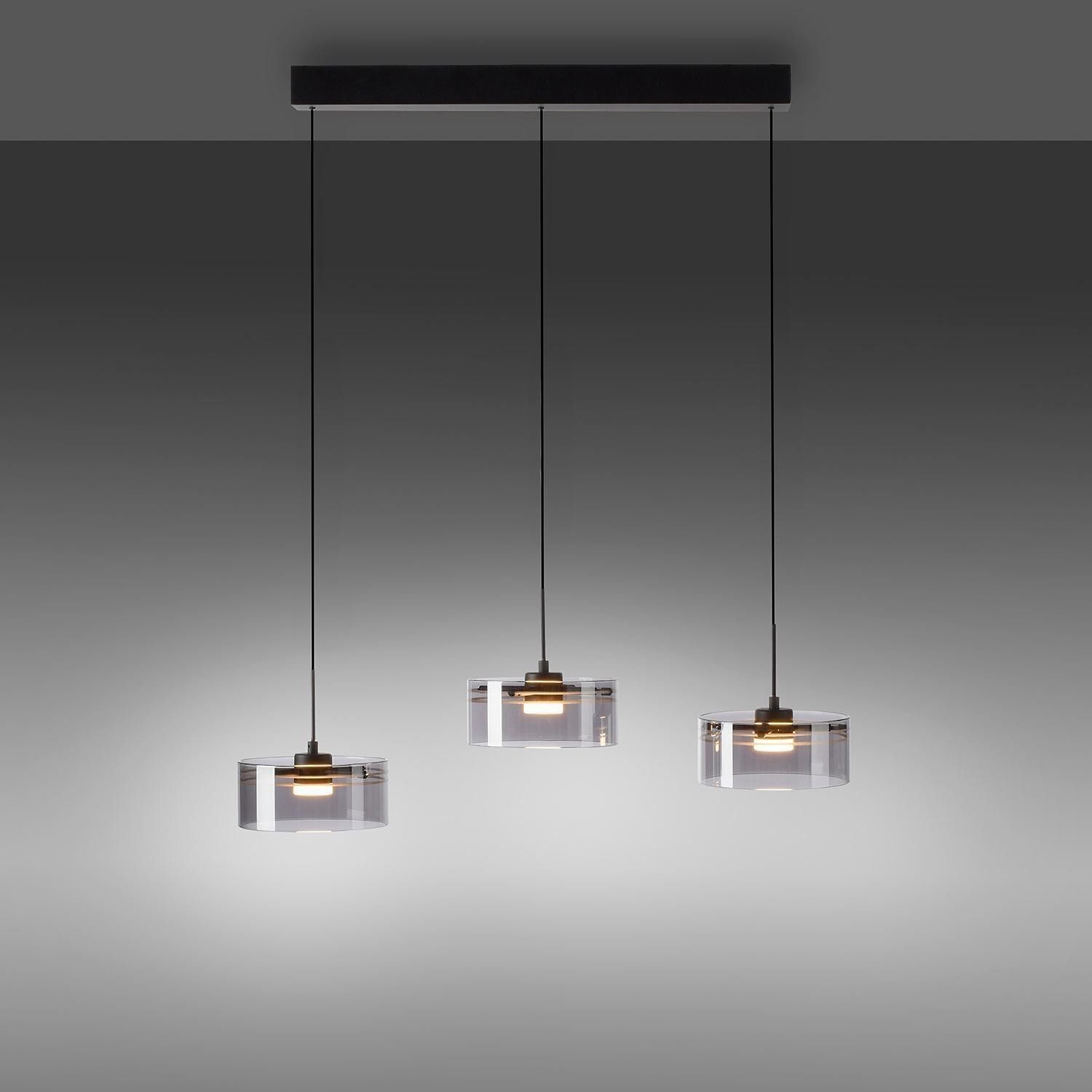 MONDO LED Pendelleuchte KARENA, 3-flammig, Rauchfarben, Schwarz, Metall, Höhenverstellbar, LED fest integriert, Extra-Warmweiß, Rauchglas, B 74 x H 180 x T 18 cm