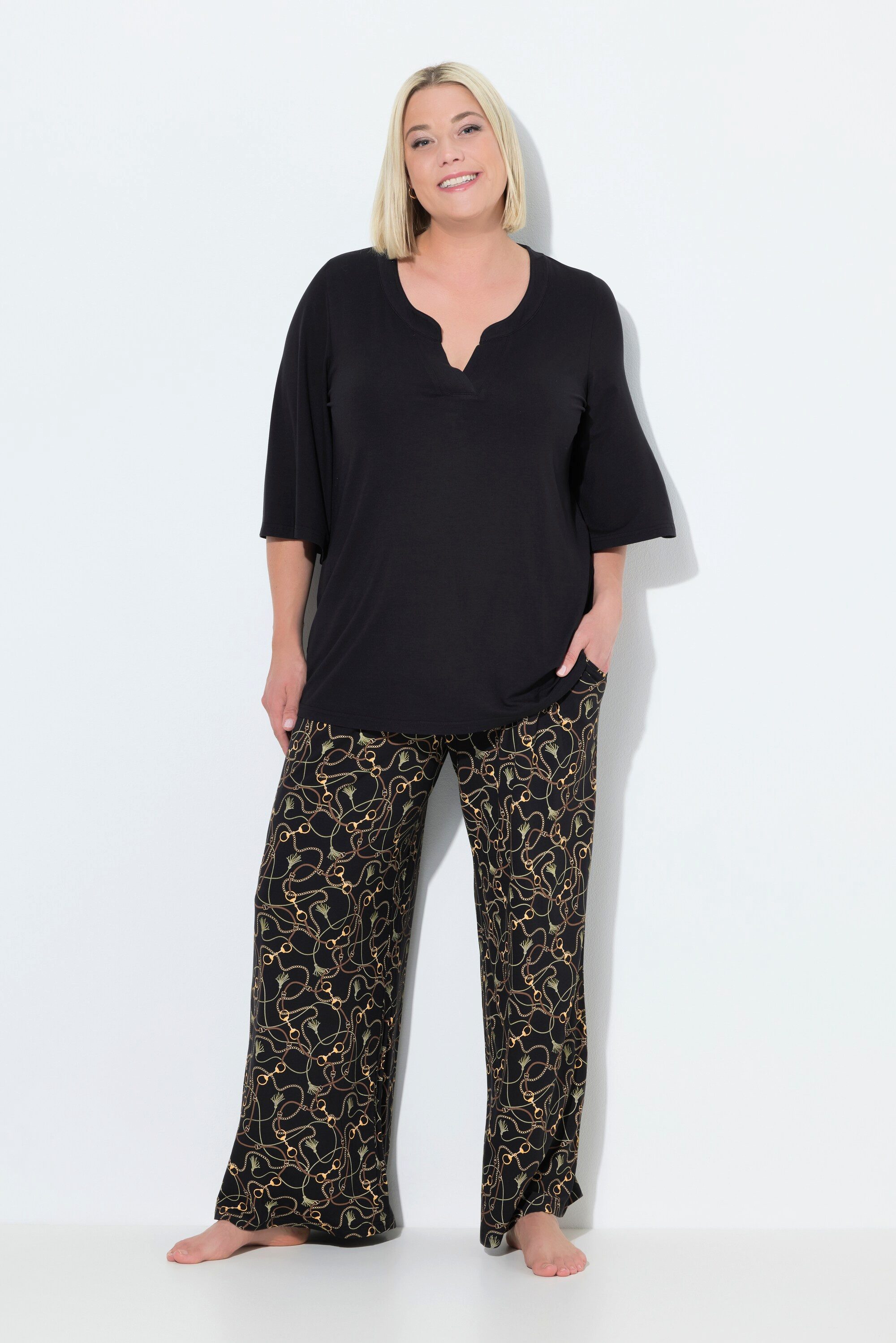 Ulla Popken Pyjama Schlafanzug Kettenmuster Tunika-Ausschnitt günstig online kaufen