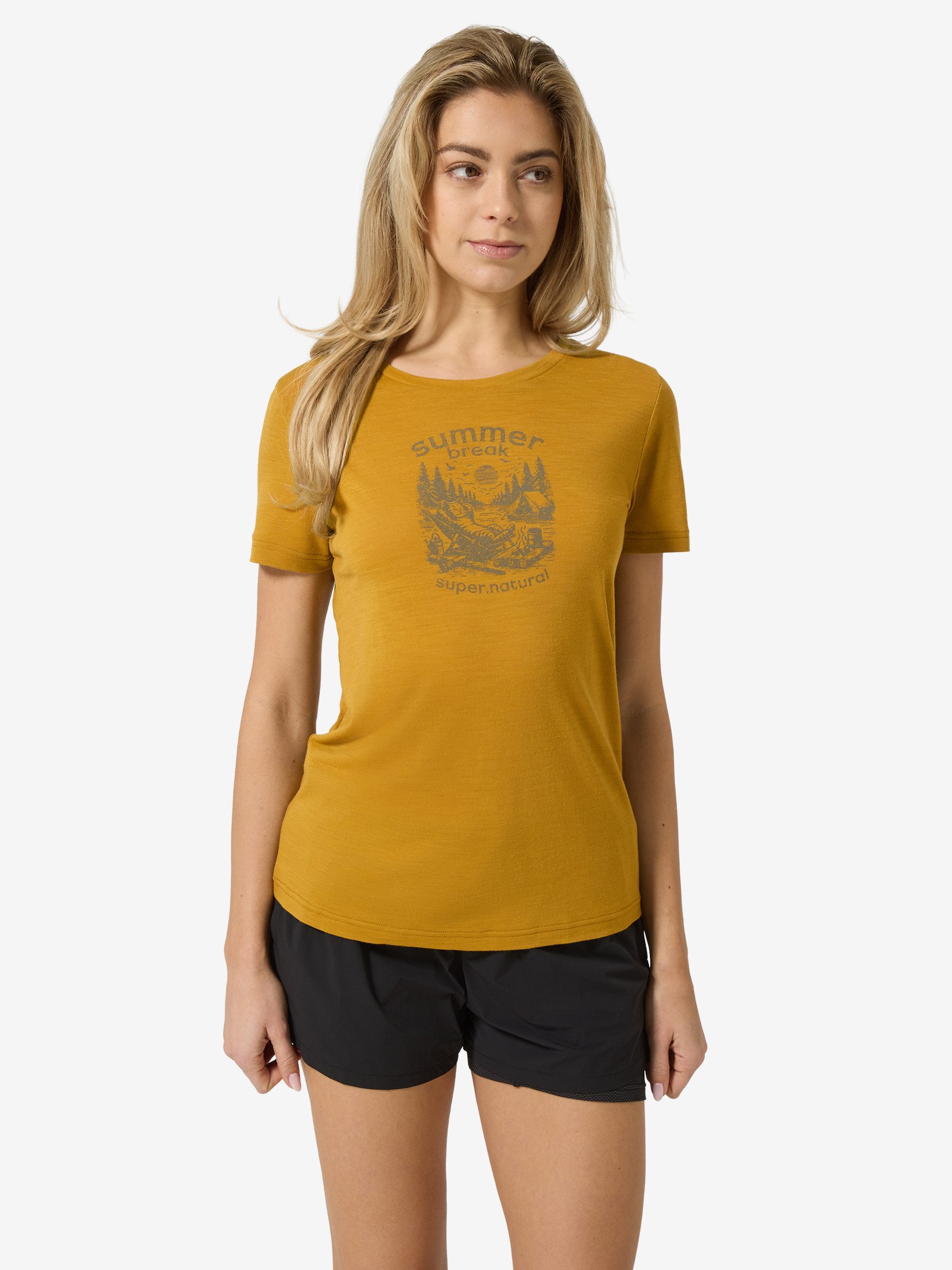 SUPER.NATURAL T-Shirt für Damen,Merino W SUMMER BREAK TEE mit Sommer-Motiv, atmungsaktiv