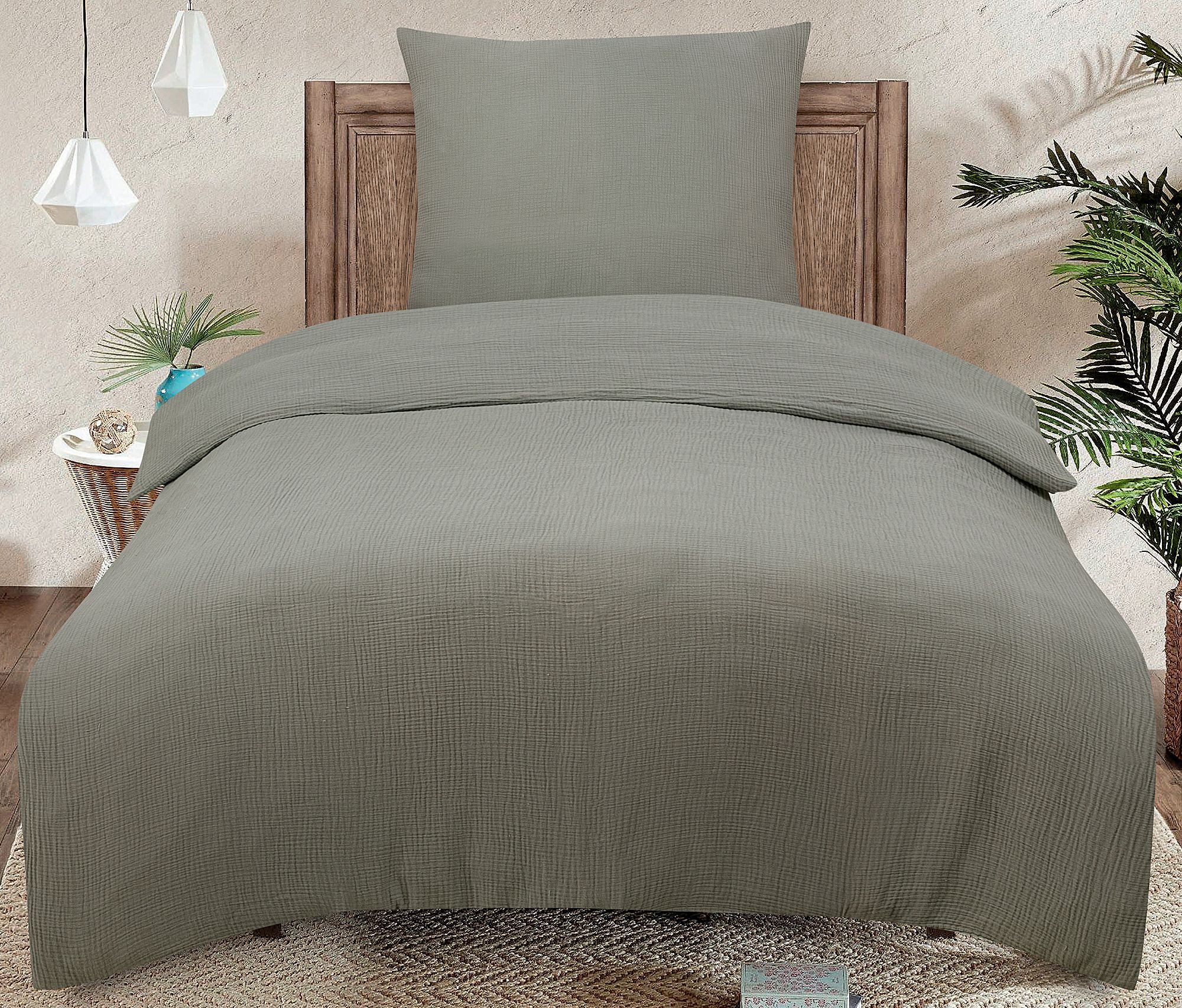 Casa Colori Bettwäsche Musselin 135x200 cm mit Knopfleiste 100% Baumwolle, Musselin, 2 teilig, Silber Unifarben