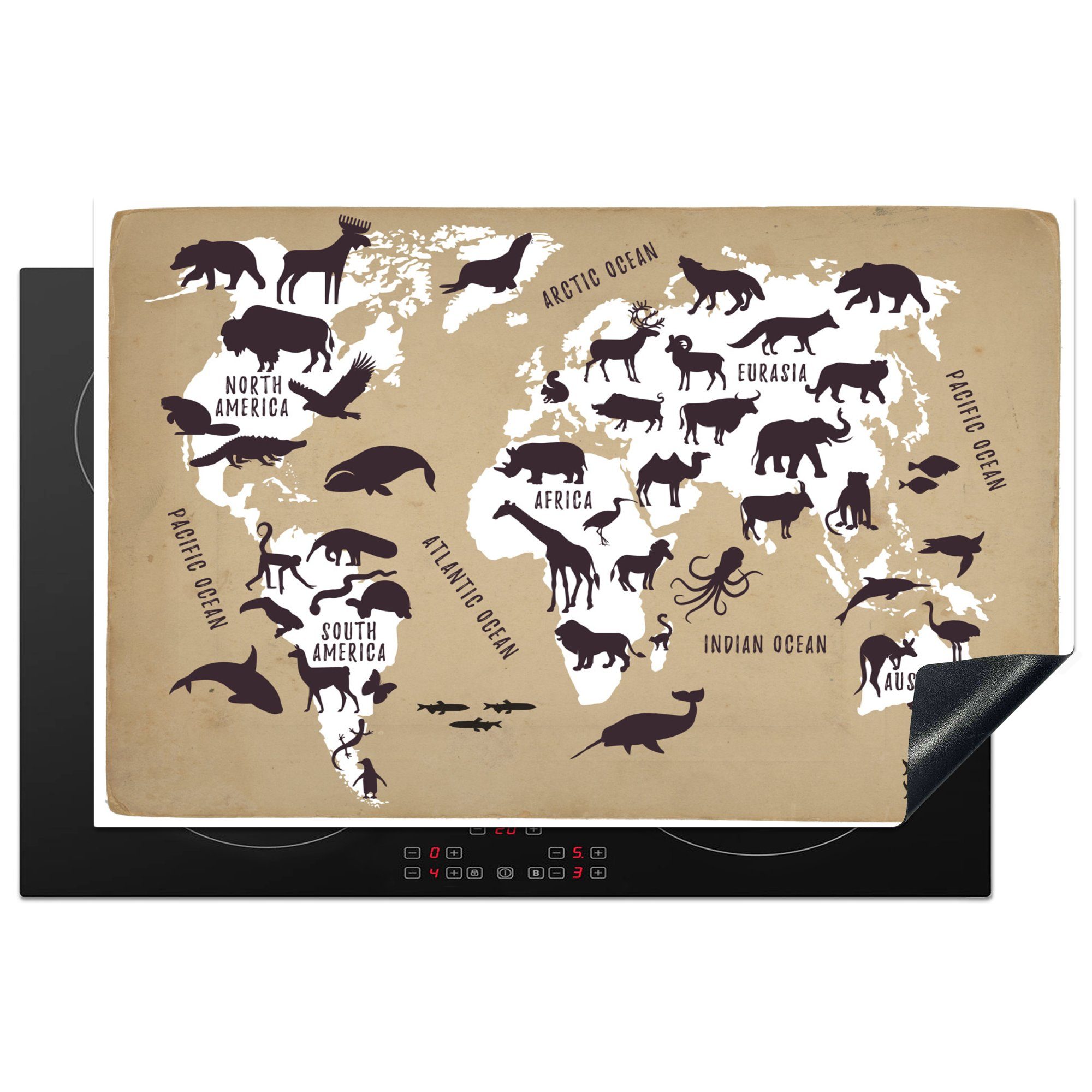 MuchoWow Herdblende-/Abdeckplatte Weltkarte - Sepia - Tiere, Vinyl, (1 tlg), 81x52 cm, Induktionskochfeld Schutz für die küche, Ceranfeldabdeckung