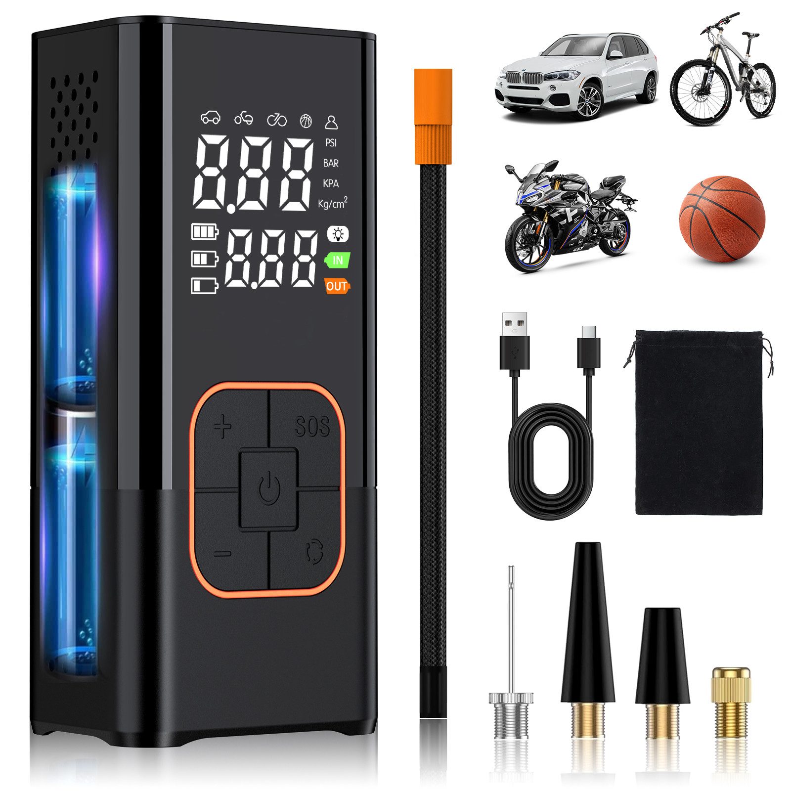 AIBISTAR Fahrradpumpe Akku-Luftpumpe Elektrische Tragbare Luftpumpe,150PSI mit Powerbank LED (Packung, 9-tlg., wiederaufladbare Luftpumpe, Mini Kompressor), 6000 mAh,4 Druckeinheiten (PSI, BAR, KPA, kg/cm),mit SOS Notfallmodus