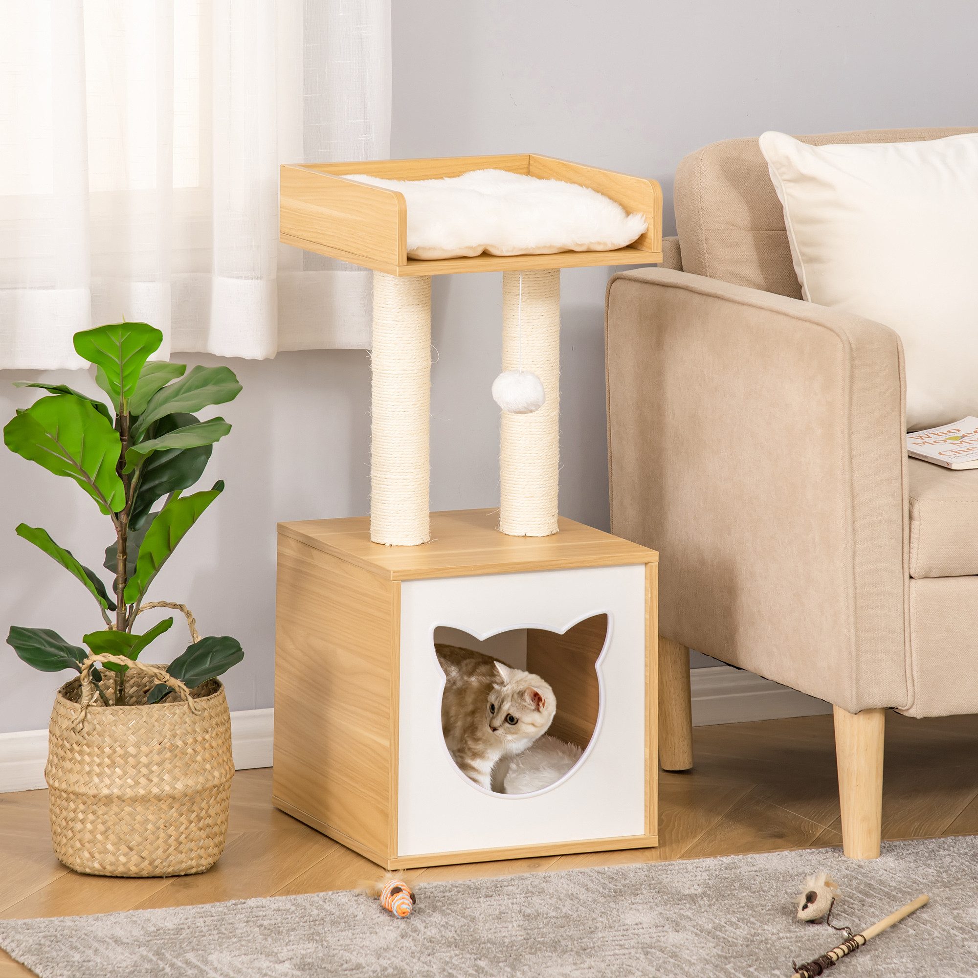 furnicato Kratzbaum Katzennest Eiche 35L x 35B x 81H cm mit Katzenhöhle und