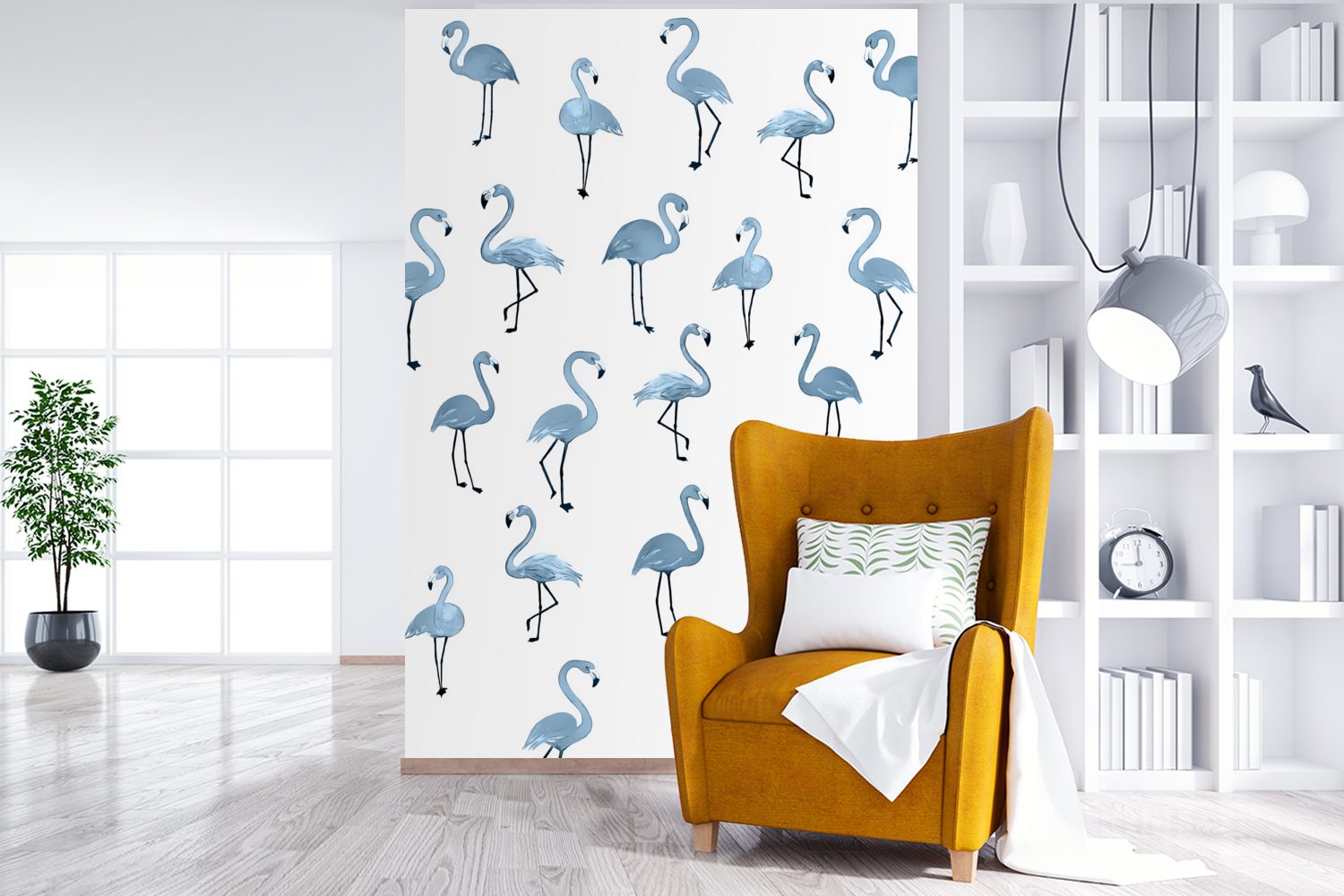 Tapete bedruckt, Blau Montagefertig MuchoWow St), Flamingo Wohnzimmer, - (3 Fototapete Muster, Wandtapete für Matt, Vinyl -