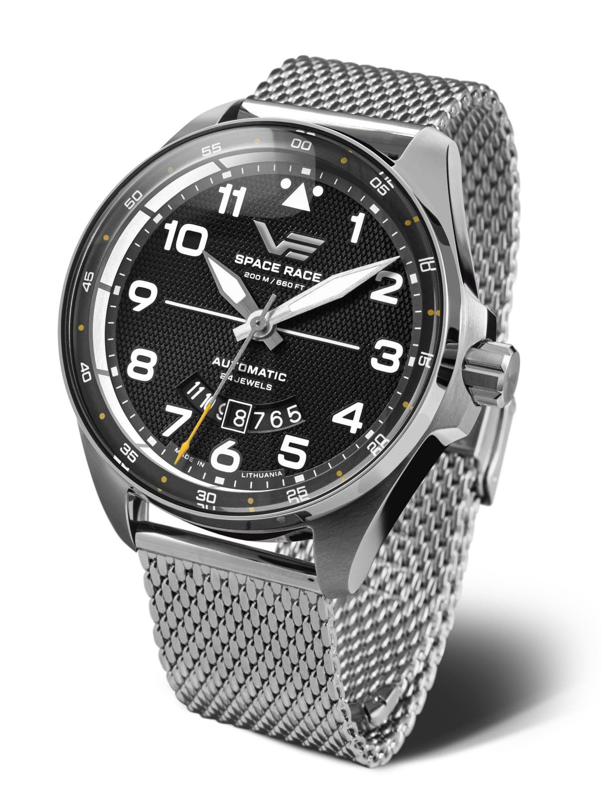 Vostok Europe Automatikuhr Space Race 325A745-B, 47 mm – Herrenuhr mit schwarzem Zifferblatt, & Milanaise-Edelstahlband