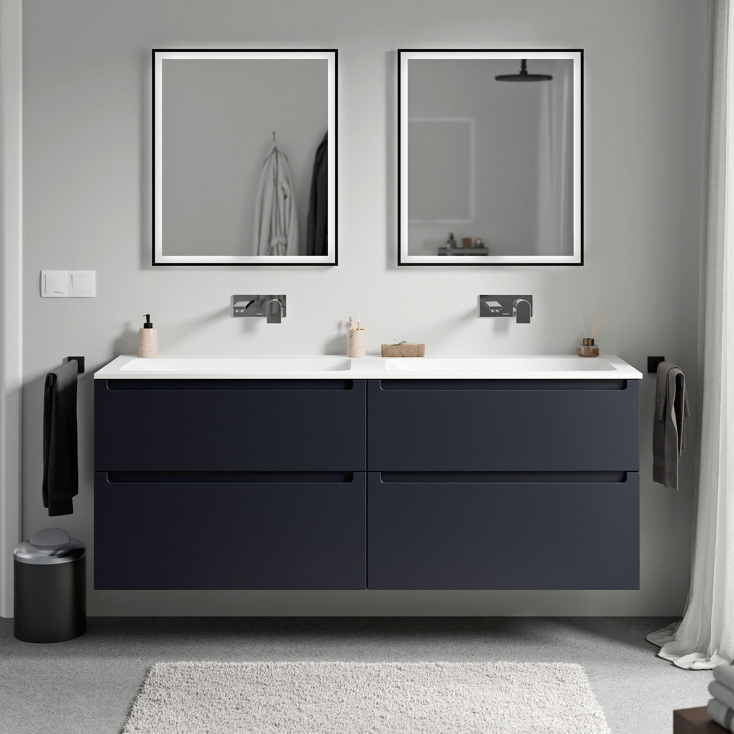 Bernstein Waschbeckenunterschrank VIREO 160cm Mitternachtsblau matt CREAM Weiß matt Waschtischunterschrank mit Doppelwaschbecken 4 Schubladen