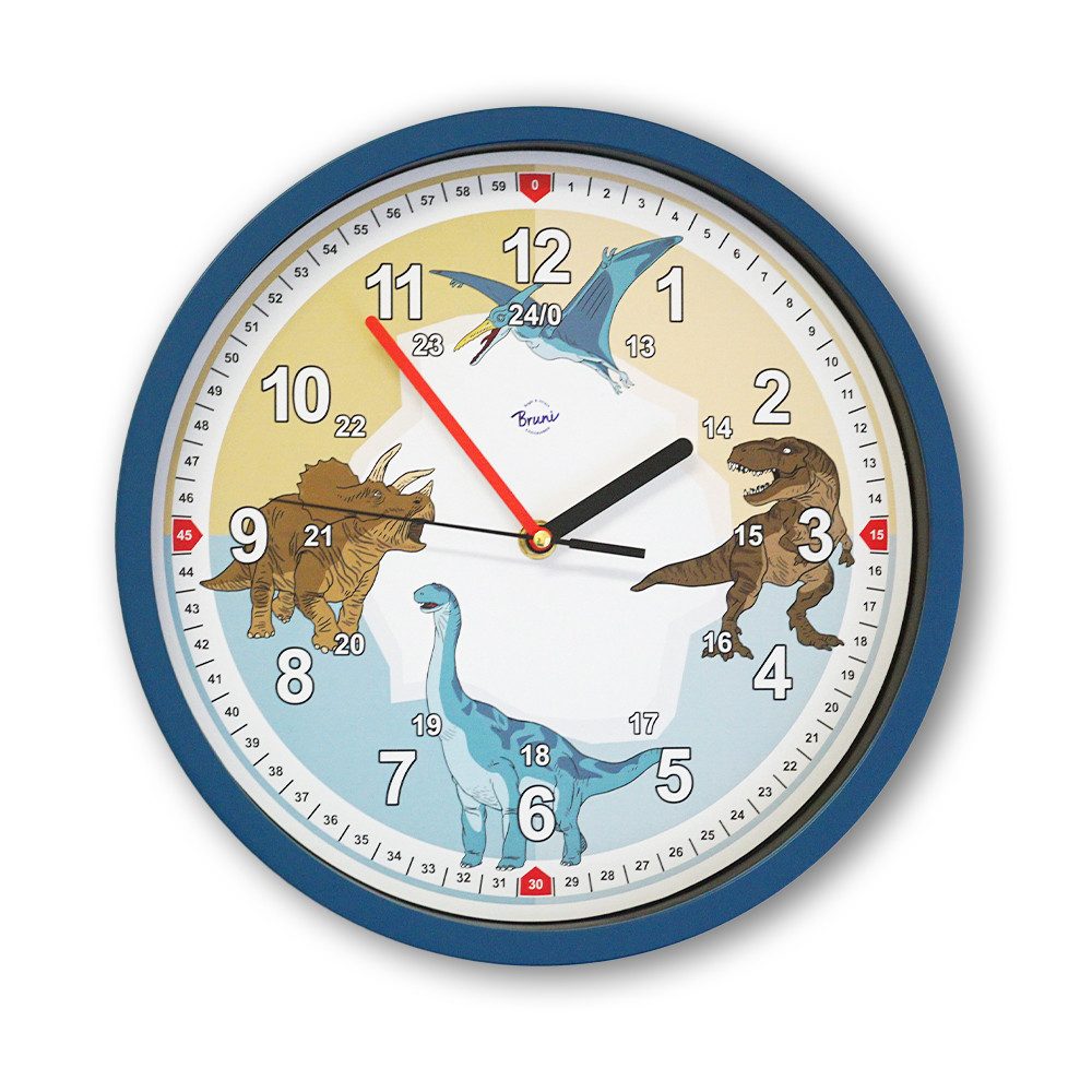 Bruni Wanduhr Dino Kinderwanduhr - bruchsicher, Ø 29 cm (Polyacrylscheibe, Quarzuhrwerk ohne Tickgeräusche, zum Lernen geeignet)