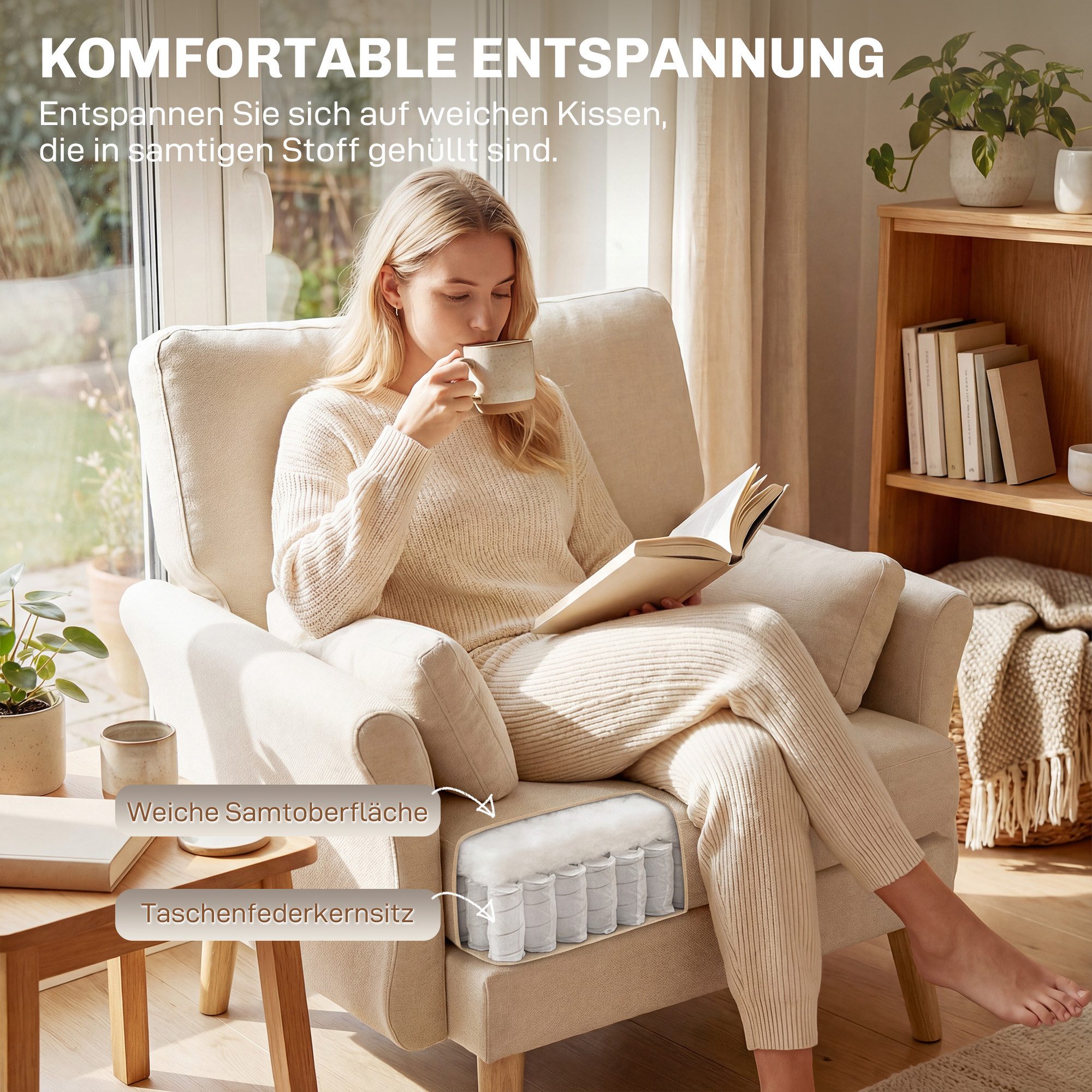 HOMCOM Sessel Loungesessel mit Armlehnen, Polstersessel mit Kissen, Creme (Einzelsofa, 1-St., Relaxsessel), Extra breiter Sitz, samtweicher Bezug – Bild 4 von 5