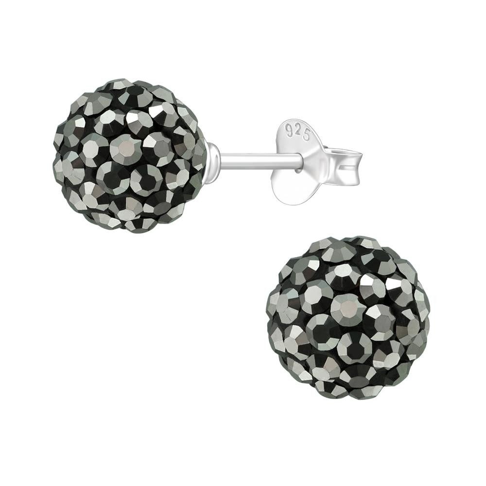 Ohrring-Set Ohrstecker Discokugel 8mm schwarz mit silbernen Kristallen 925 Silber