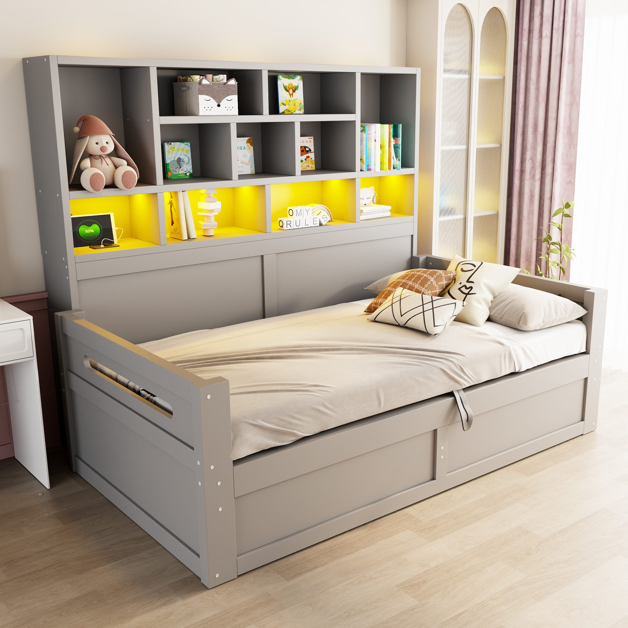 i@home Funktionsbett Schlafsofa 90 × 200 cm Einzelbett, Jugendbettgestell,Holzsofa Bett (mit LED-Beleuchtung und Steckdosen), mit multifunktionalem