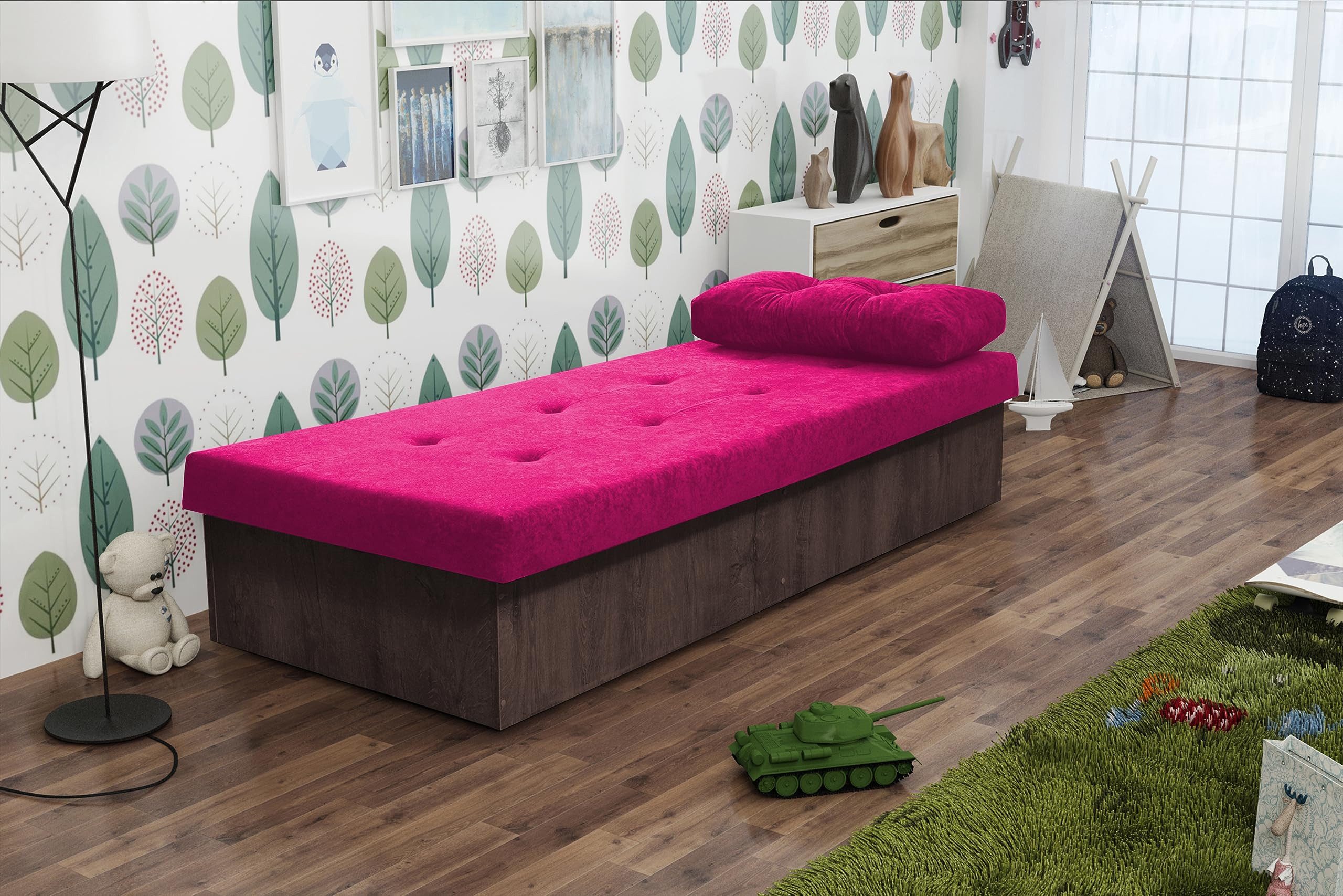 KIER FURNITURE Einzelbett Berta BIS, Einzelbett, 190x80x38cm, Dunkle Asche + Stoff Rosa