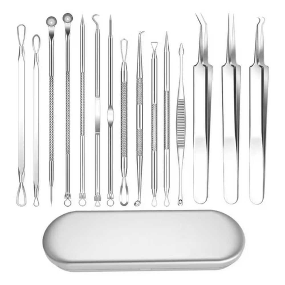 POPOLIC Pickelnadel Pickelnadel Akne-Nadel-Set gebogene Mitesserentferner 15-teiliges, 1-tlg., 15-in-1-Profi-Kit, Professioneller Gesichts-Mitesserentferner aus Edelstahl