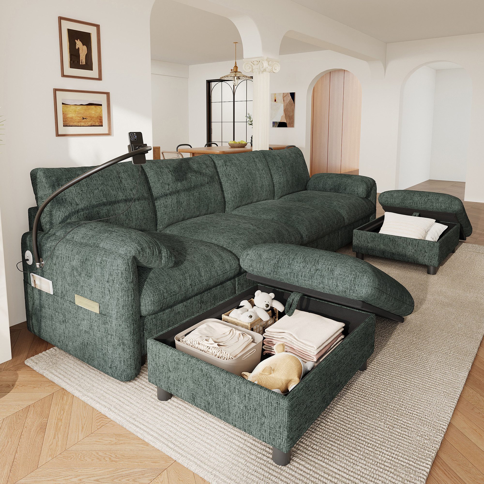 Merax Ecksofa mit USB & Type-C Ladeanschluss, modulares Sofa in U-/L-Form, Chenille, 273,5×133×81 cm 1 Teile, Sofa mit 2 Stauraum-Hockern, 360° Handyhalter & Kissen-Armlehnen