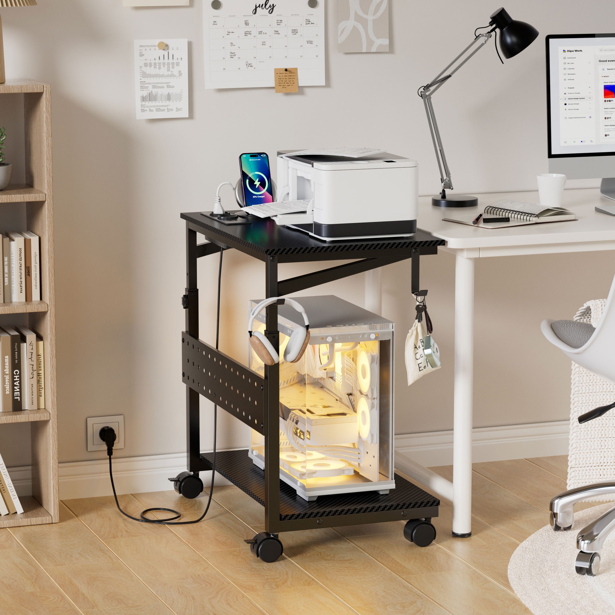 TWSOUL Halterung Höhenverstellbarer Computer Tower Ständer, Ladestation Drucker Cart, (Gehäuse/CPU/PC Ständer, Beistelltisch Laptoptisch mit Rollen)