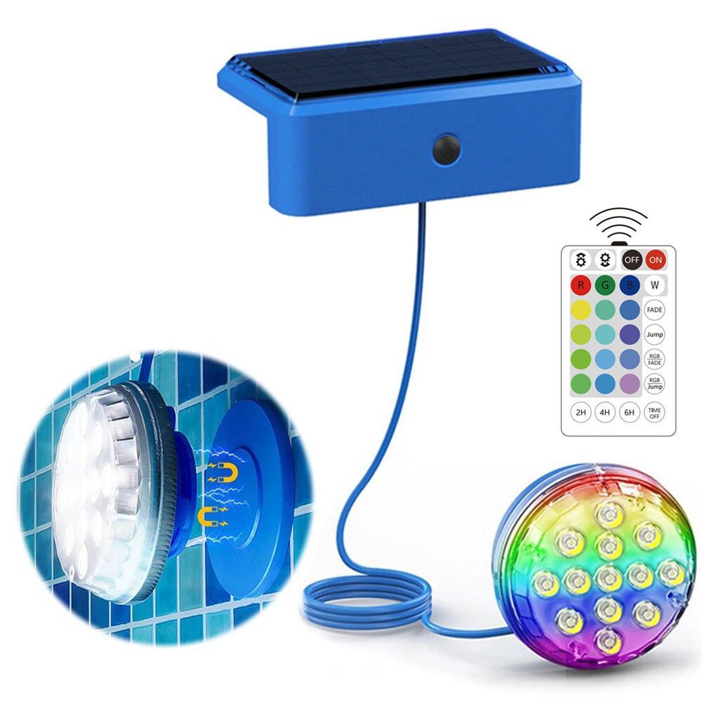 QUBEBU Pool-Lampe Solar Unterwasser Licht RGB Pool Beleuchtungen Licht Fernbedienung, LED fest integriert, 16 Farbvarianten, 4 Modi, 10 Helligkeitsstufen, Timer, Fernbedienung, IP68 wasserdicht Pool-Lampe für Teich, VogelBad, Wasserspiel, Pool