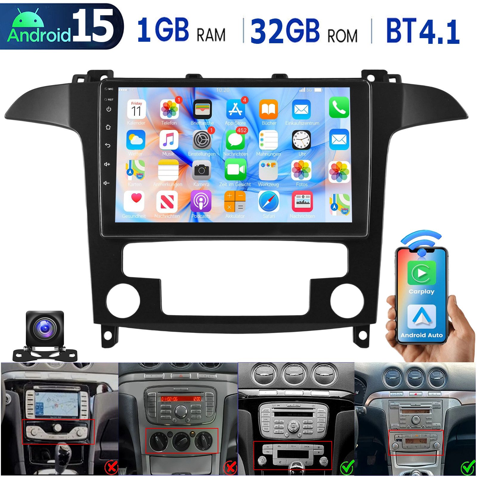 DAB+ Für Ford S-Max 2007-15 Android 15 Autoradio Carplay GPS Navi RDS Autoradio