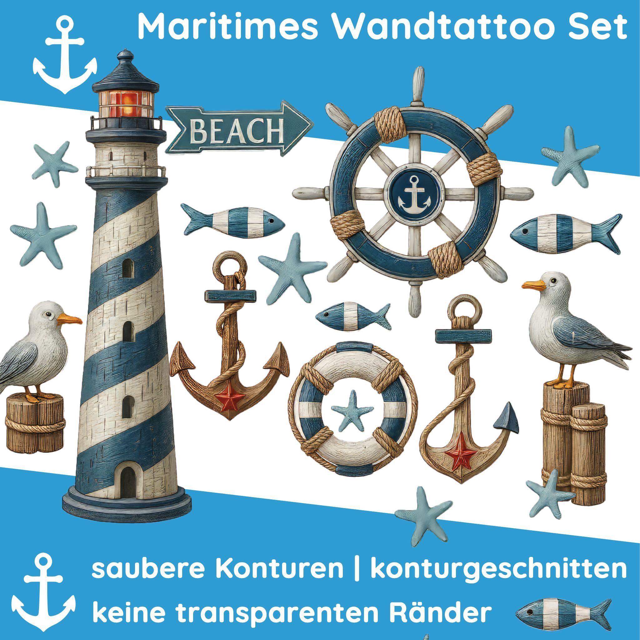 Sunnywall Wandtattoo Aufkleber Maritim Set – Leuchtturm, Möwen, Anker & Seesterne, selbstklebend, konturgeschnitten, rückstandslos entfernbar