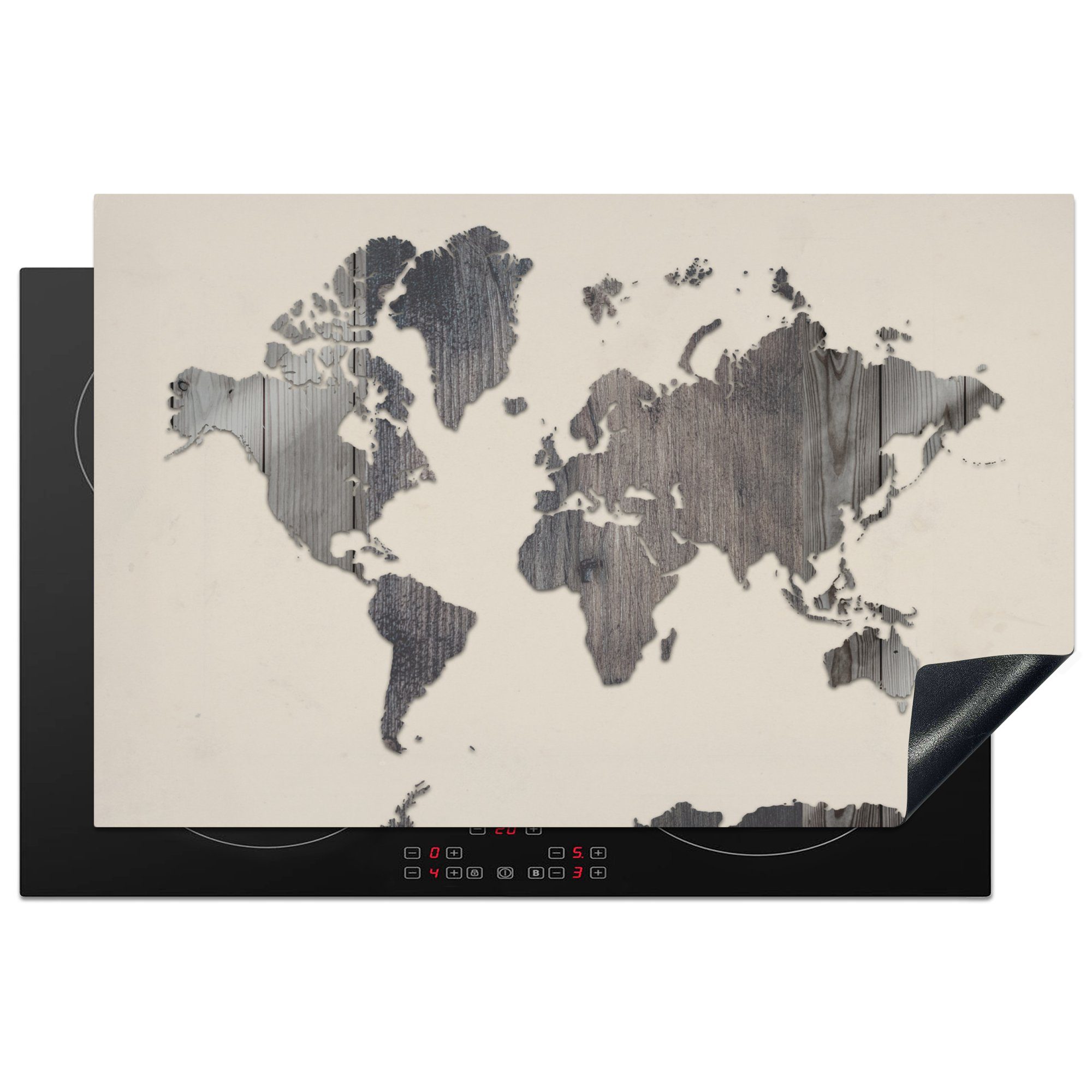 MuchoWow Herdblende-/Abdeckplatte Weltkarte - Holz - Grau, Vinyl, (1 tlg), 81x52 cm, Induktionskochfeld Schutz für die küche, Ceranfeldabdeckung