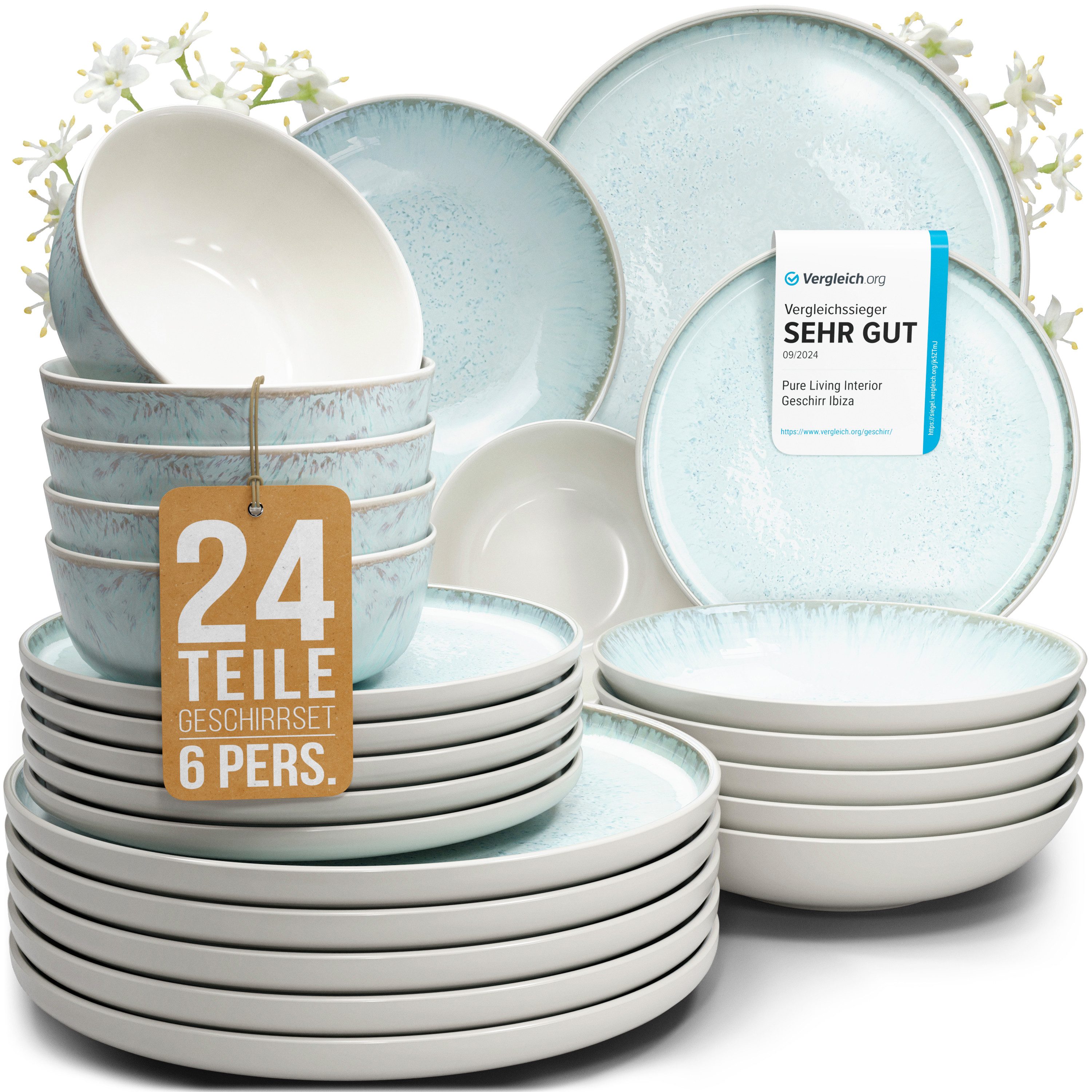 PURE LIVING INTERIOR DESIGN Geschirr-Set Ibiza aus Steingut, 24-tlg., für 6 Personen, Beige Blau (24-tlg), 6 Personen, Steingut