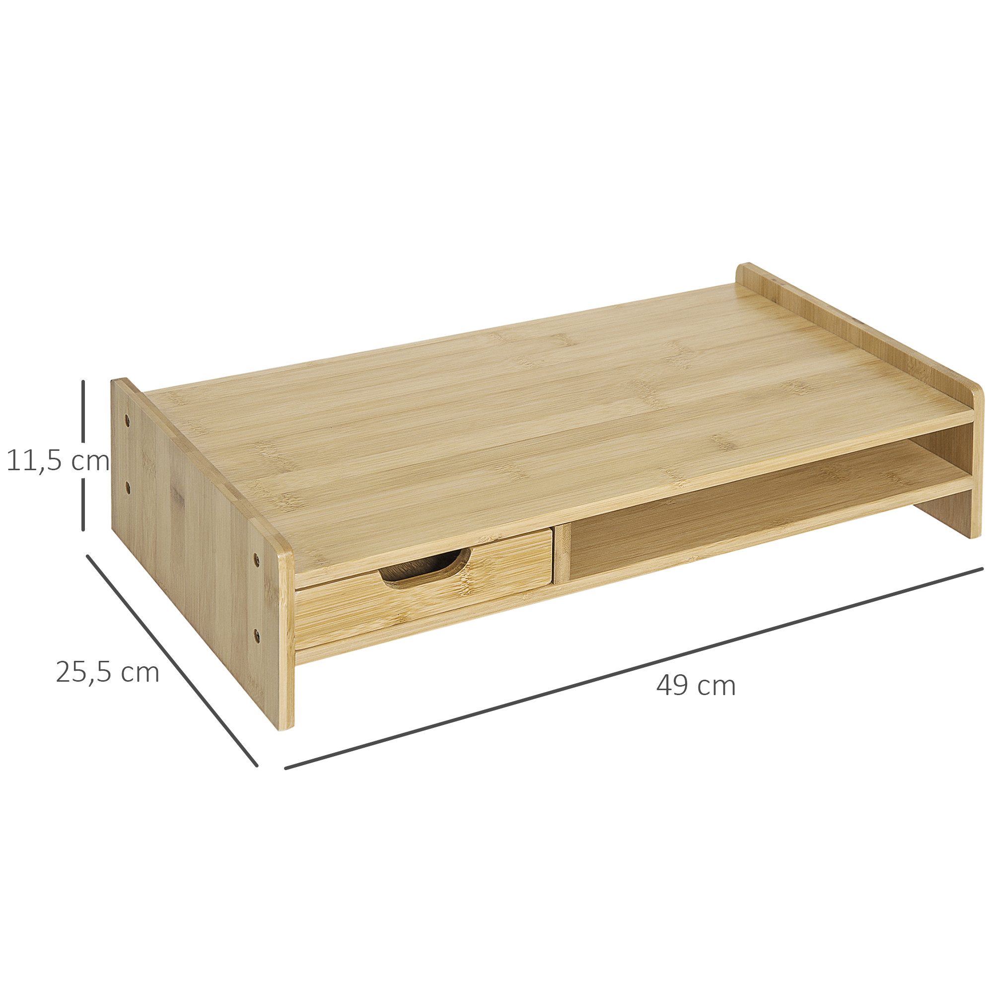 HOMCOM Monitor-Halterung Monitorständer Bildschirmständer Schreibtisch-Organizer, (bis 19.2 Zoll, Mit Schubladen, 1-tlg., Natur, 49cm x 25,5cm x 11,5cm)
