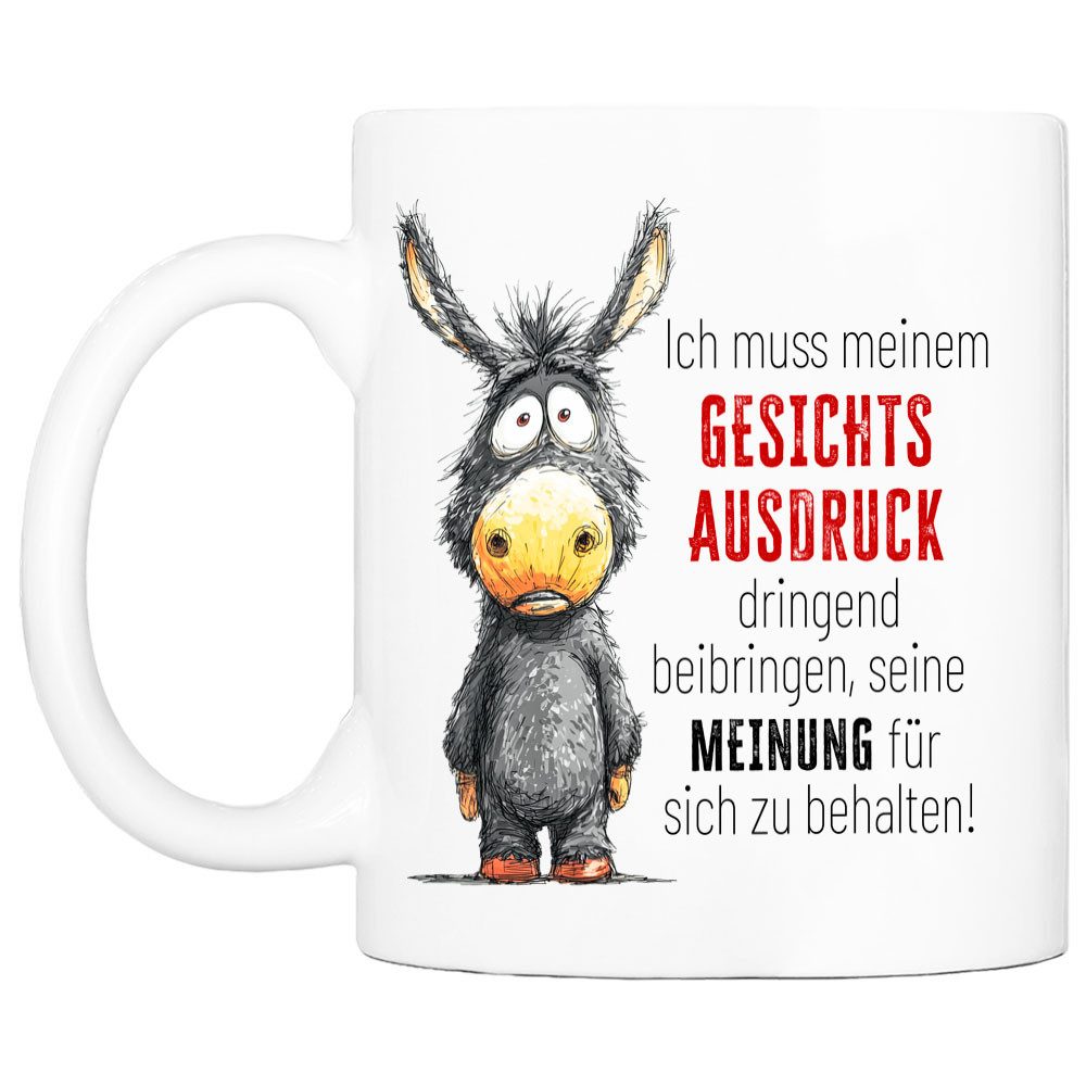 Cadouri Tasse mit Spruch 'Gesichtsausdruck' Kaffeetasse Büro Arbeit, Geschenk, Keramik, Kaffeebecher, Geschenkidee Arbeitskollege, lustig, Humor, 330 ml