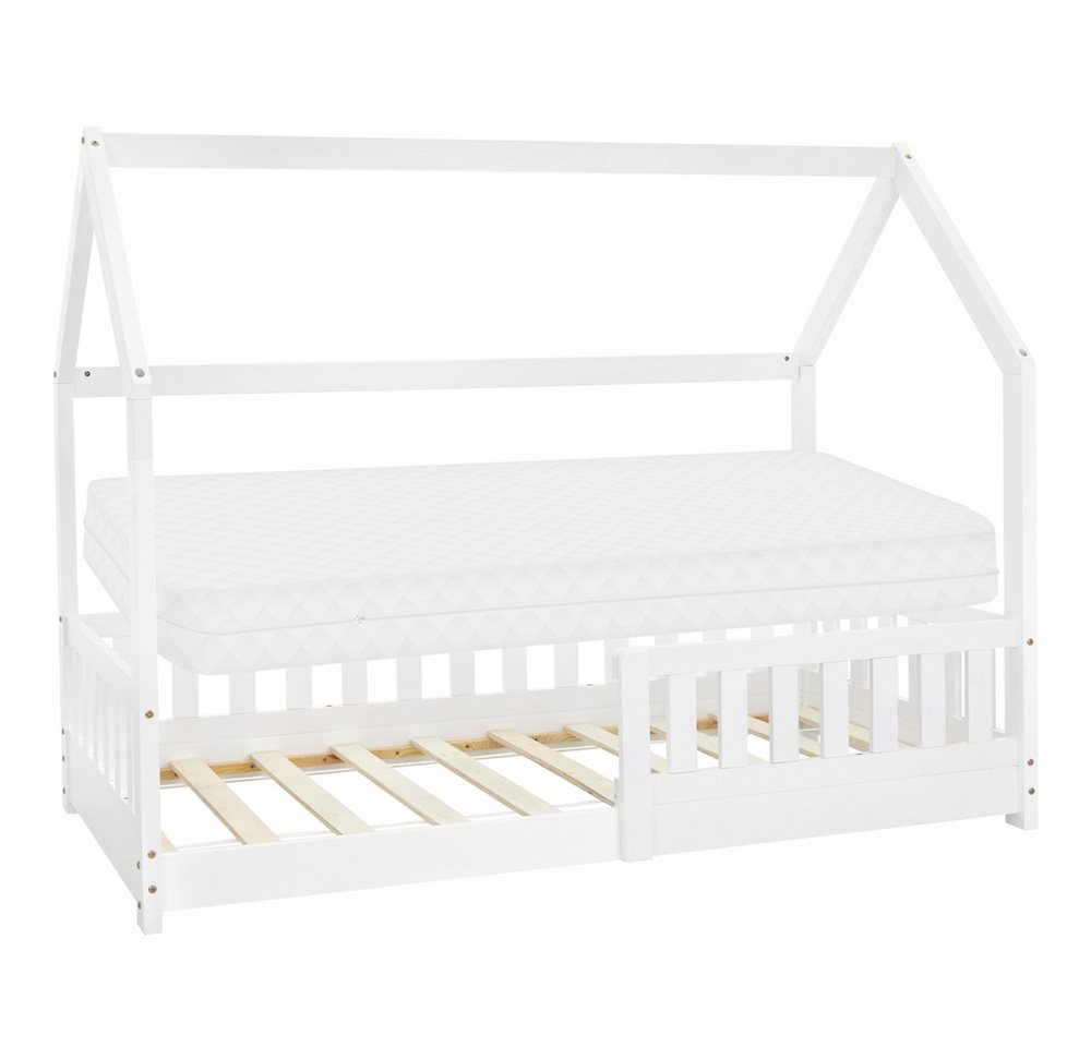 ML-DESIGN Spielbett Hausbett Kinderbett inkl. Lattenrost kreativ Bodenbett für Kinder, Abenteuerbett zum Spielen mit Rausfallschutz Kiefer Weiß Himmelbett