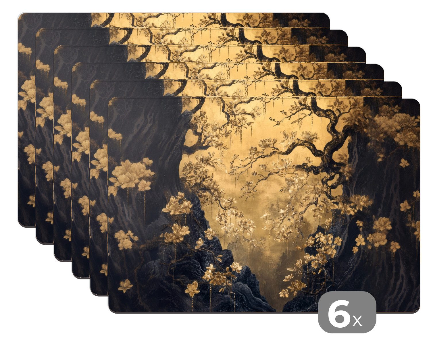 MuchoWow Platzset Blumen – Zweige – Gold – Dekorativ, (6-St), Platzsets, Tischse