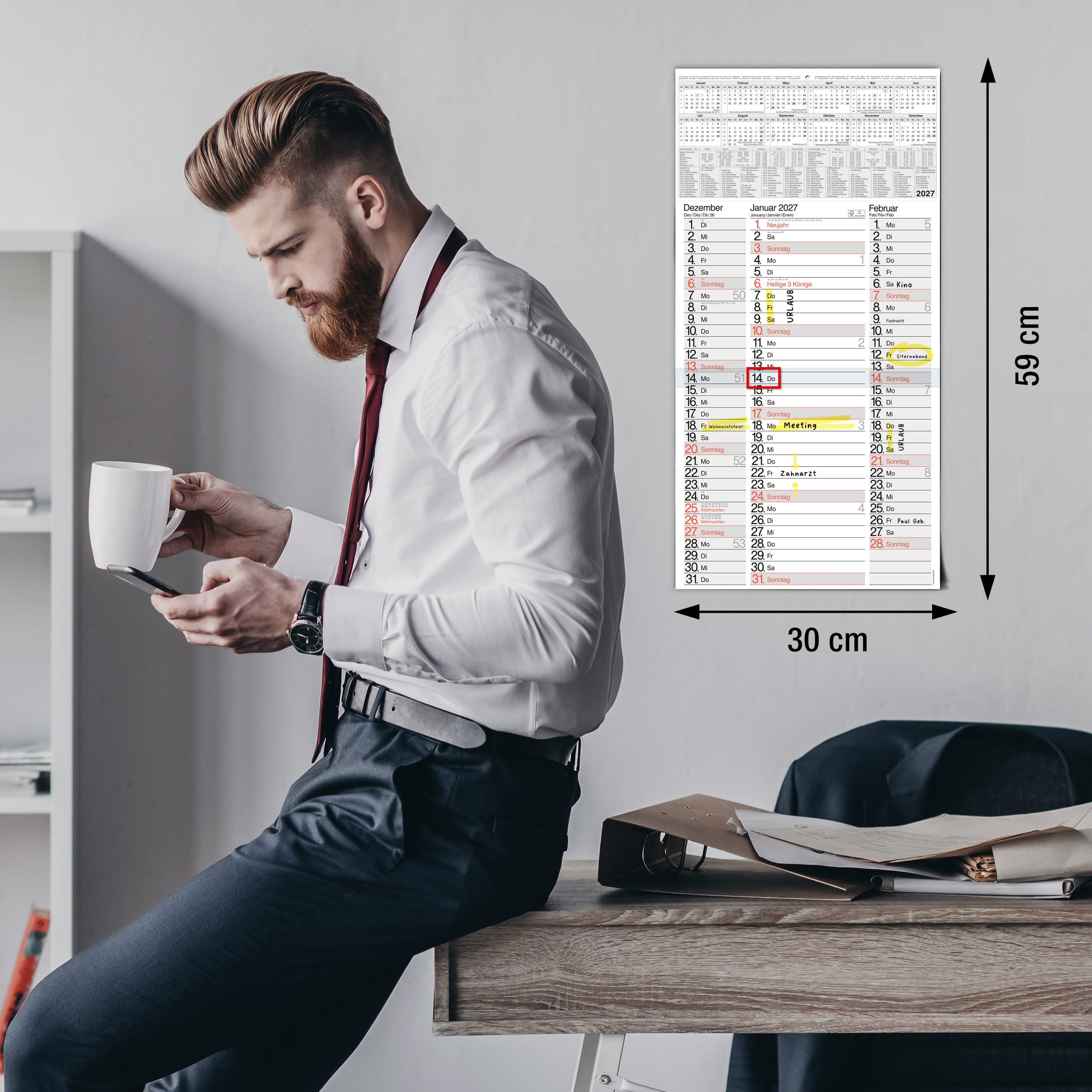 TOBJA Wandkalender 3 Monatskalender 2027 Nebeneinander mit Notizen 30x59 cm FSC, Nebeneinander, Notizplatz pro Tag, Datumsschieber, 4-sprachig, FSC