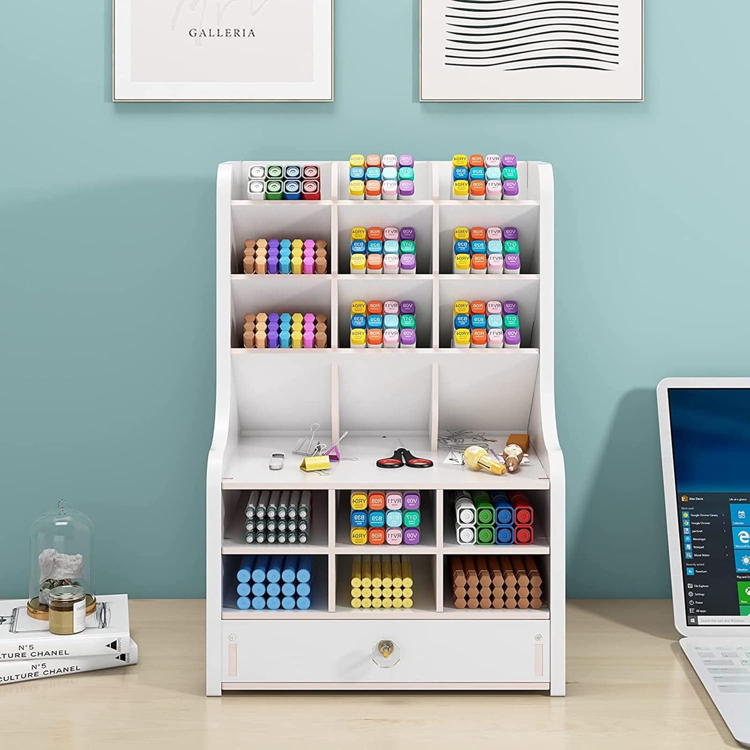 HAUSS SPOLE Organizer Schreibtisch mit Schubladen Organizer Make Up Organizer Stiftehalter (28x15x32 cm platzsparend und multifunktional, 1 St., 9x Kippfächer 6x Fächer mit flachem Boden 1x ausziehbare Schublade), Marker Halter für Büro Schule Kosmetik Aufbewahrung