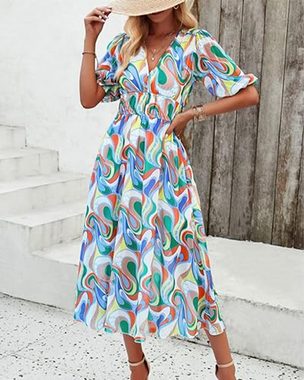 B.X A-Linien-Kleid Damen Sommerkleid  Puffärmel locker Midikleid breitem Saum Druckkleid Bohemian Blumenkleid Mode Frühling Sommer Sexy V Ausschnitt Kleid