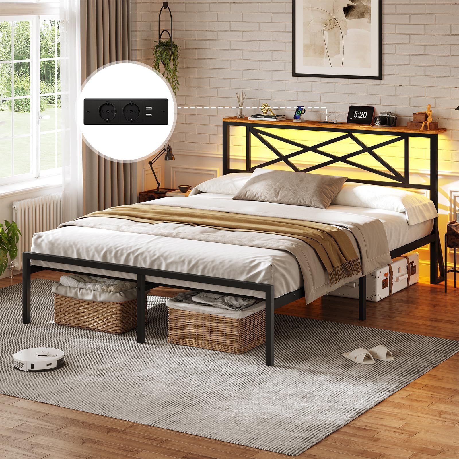 MSMASK Bettgestell mit LED Beleuchtung und Steckdose USB-Anschlüsse, Schwar günstig online kaufen