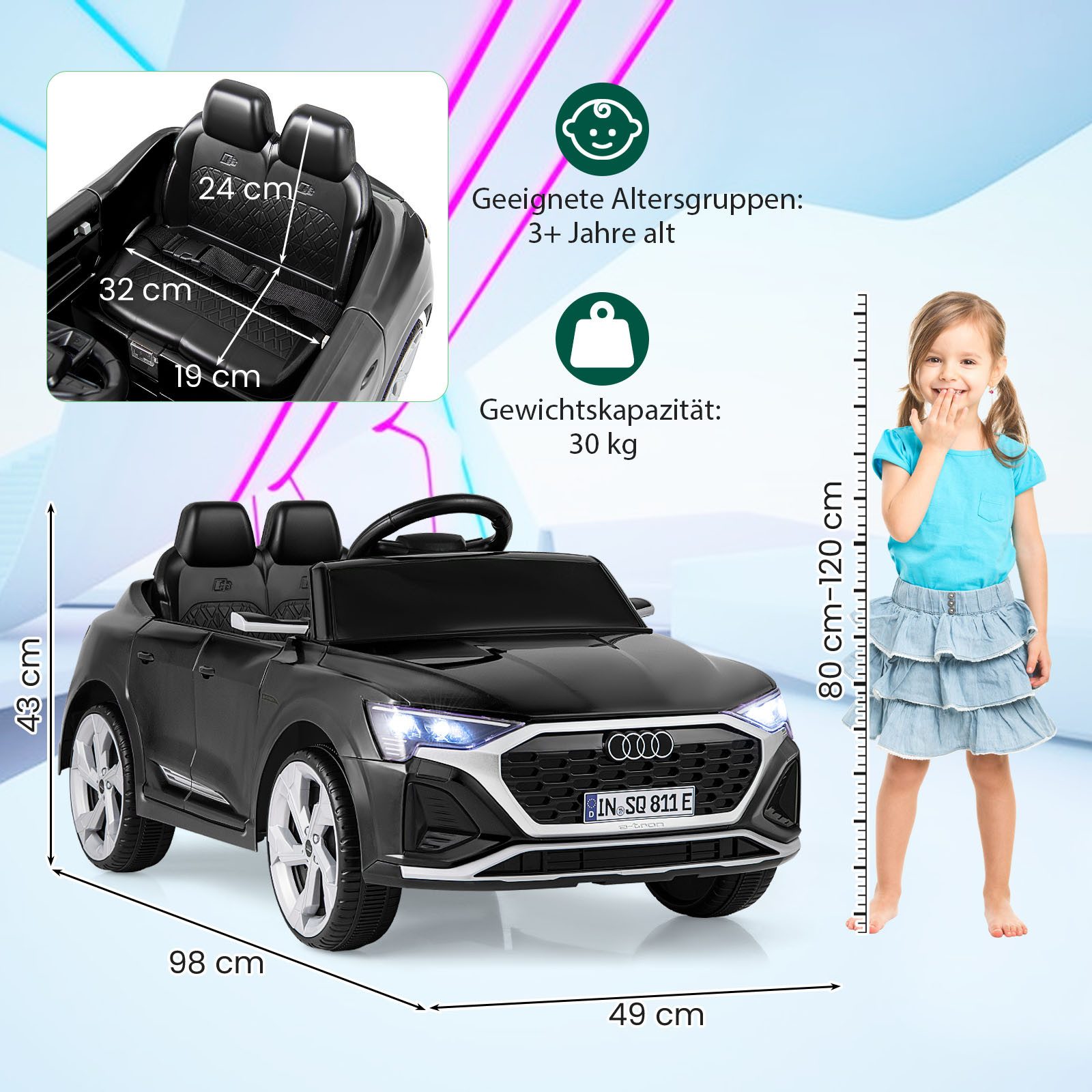 KOMFOTTEU Elektro-Kinderauto, Belastbarkeit 30 kg, Audi SQ8, 12-V-Elektrofahrzeug mit 2,4-G-Fernbedienung
