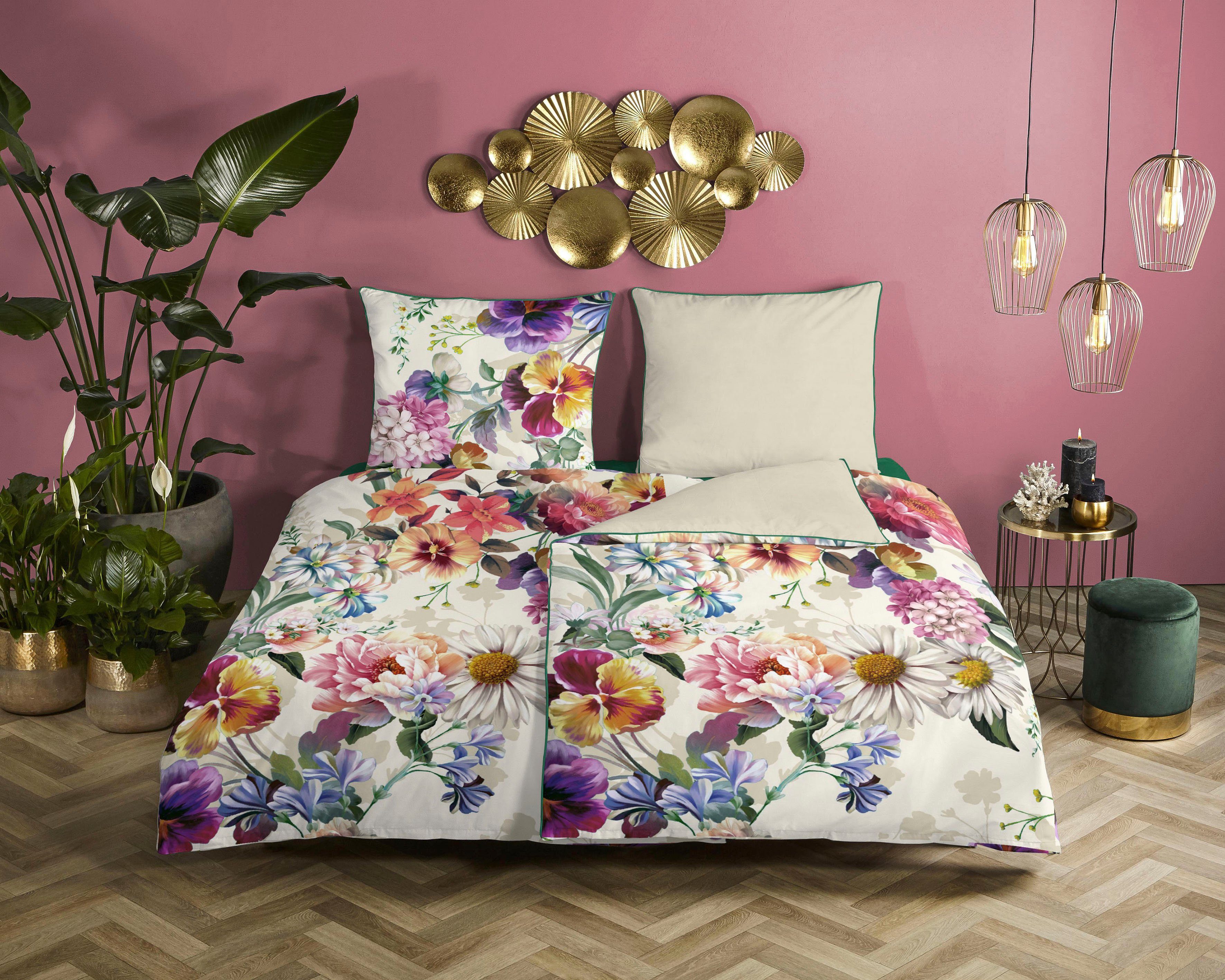 Descanso Wendebettwäsche Novara, Satin (Bio-Baumwolle), 2 teilig, Baumwolle, Satin, 135x200, Biese, Reißverschluss, Wende, Blumen, Natur