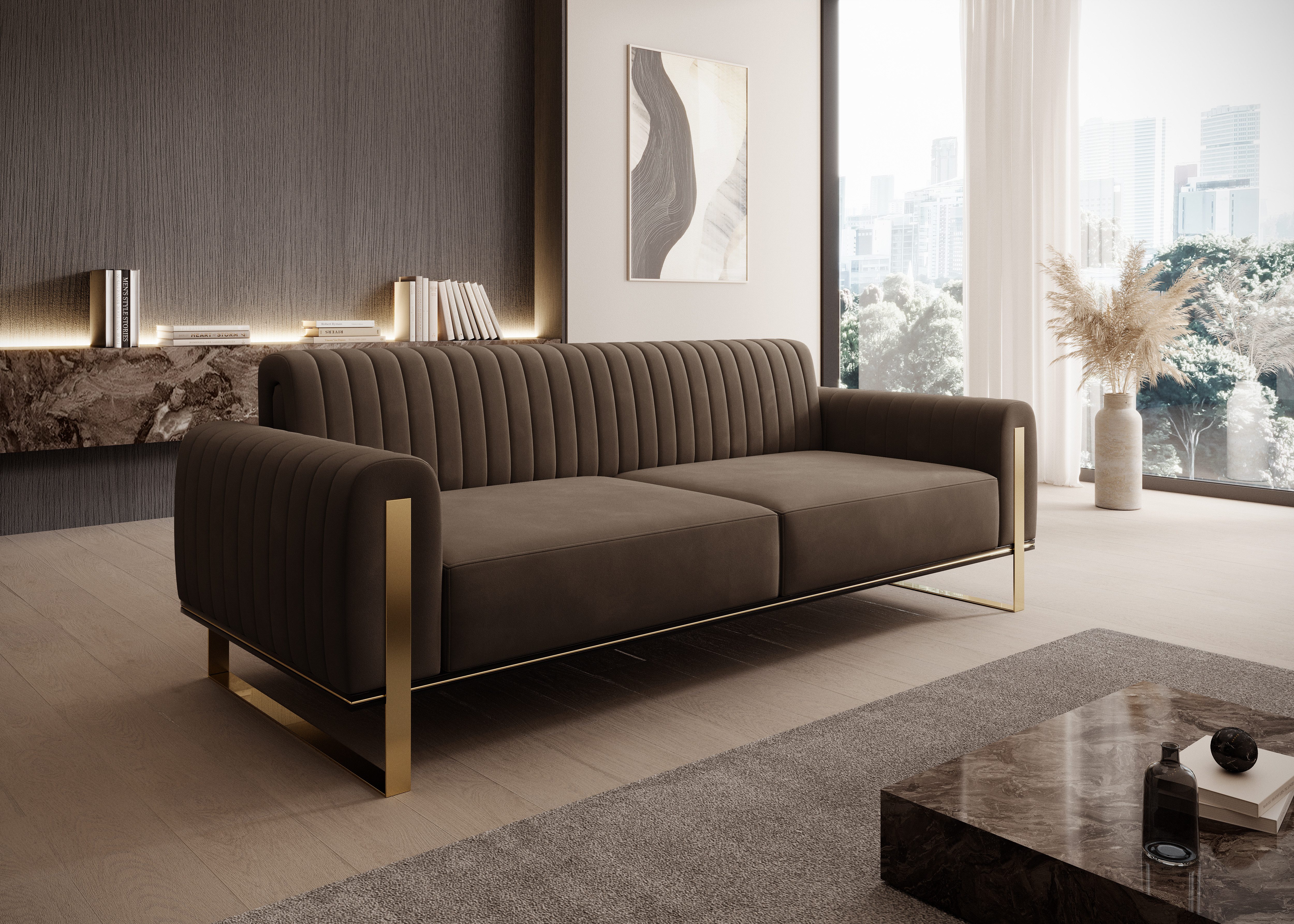yourhouse24 3-Sitzer Sofa Designersofa Vamos in Samt, Samt-Optik, Metallgestell, Glamour-Stil