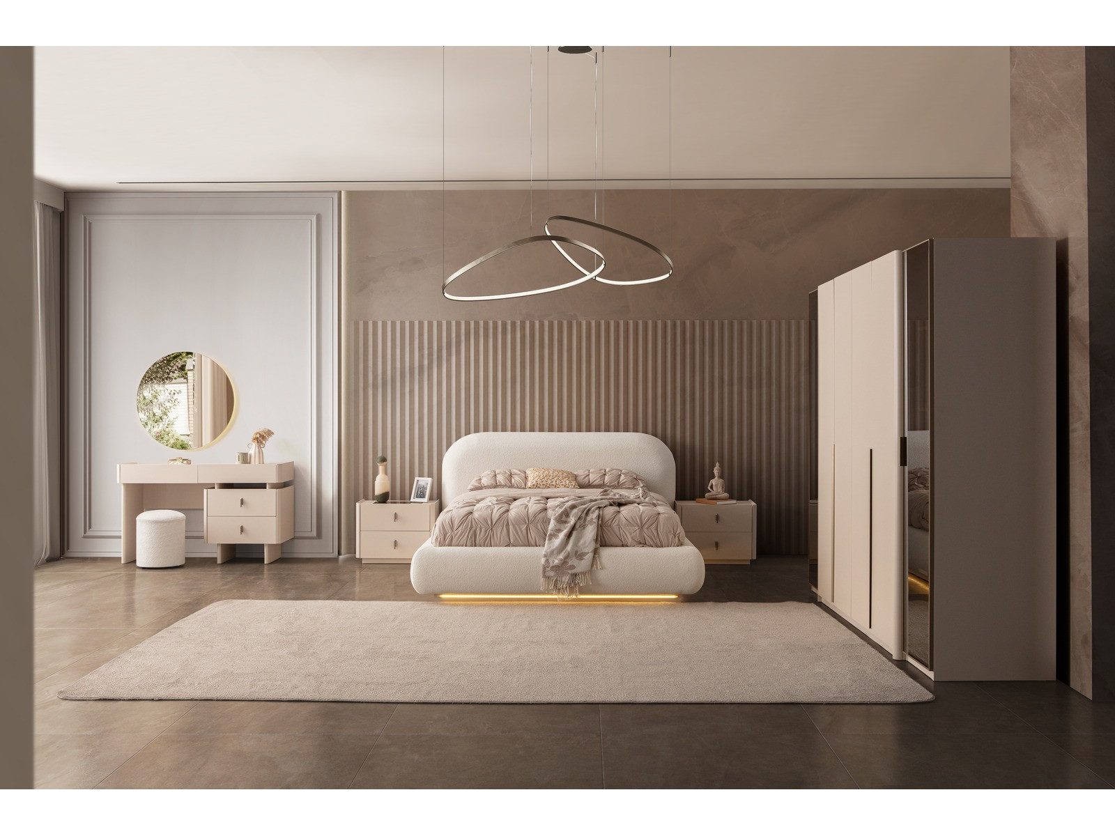 Villa Möbel Schlafzimmer-Set Alaska, (Schlafzimmer-Set, 5-tlg., Bett mit Kopfteil, 2 Nachttische, Kleiderschrank und Kommode), LED Polsterbett Rauchglas Optik fünf Türen viel Stauraum