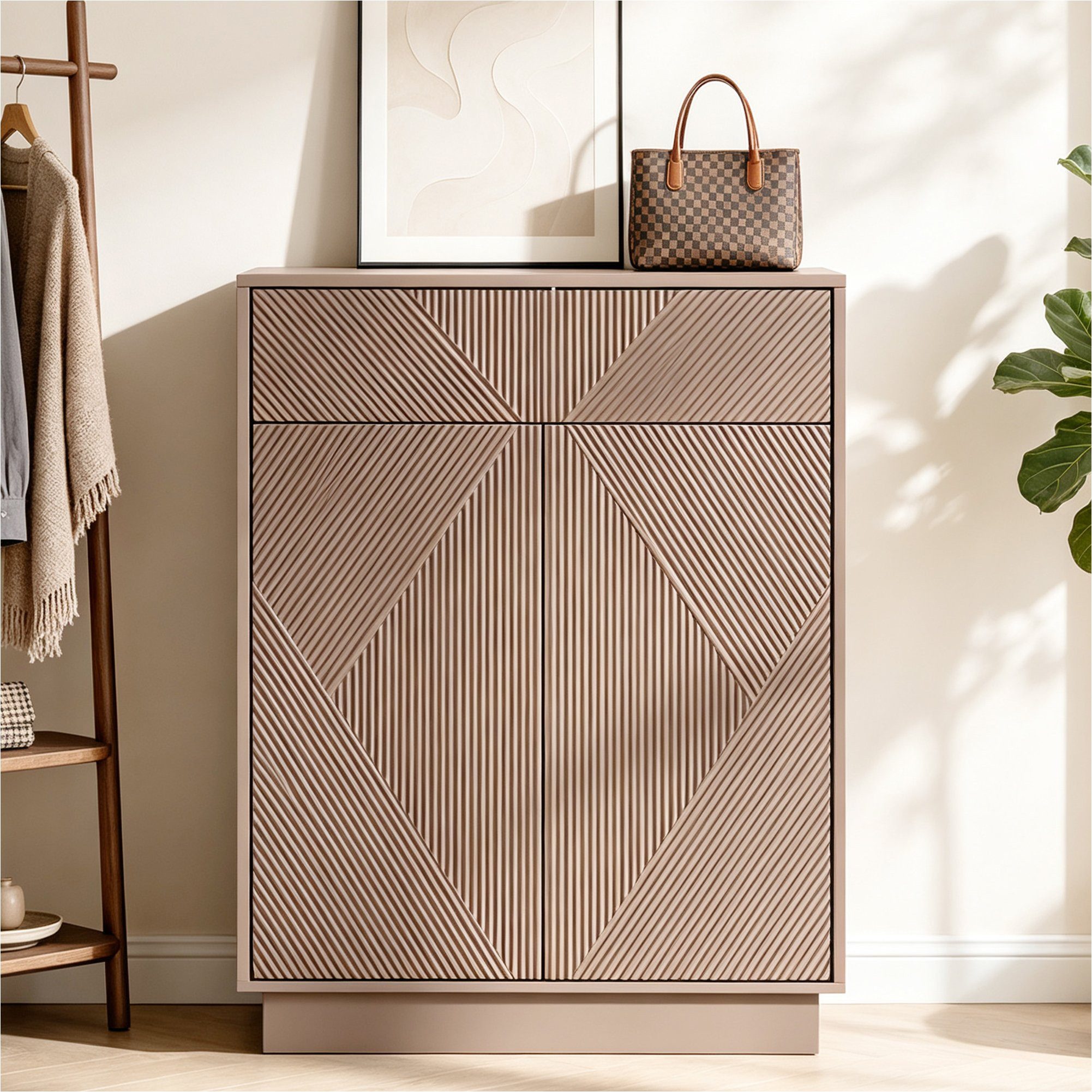 UEV Sideboard Küchenschrank mit 2 Türen & Schublade, 70x36,5x94cm grifflose Kommode (Flurschrank, Kaffeebar Möbel, Kleine Kommode), Verstellbarer Ablage & Push-to-Open, Schrank für Wohnzimmer Flur Küche