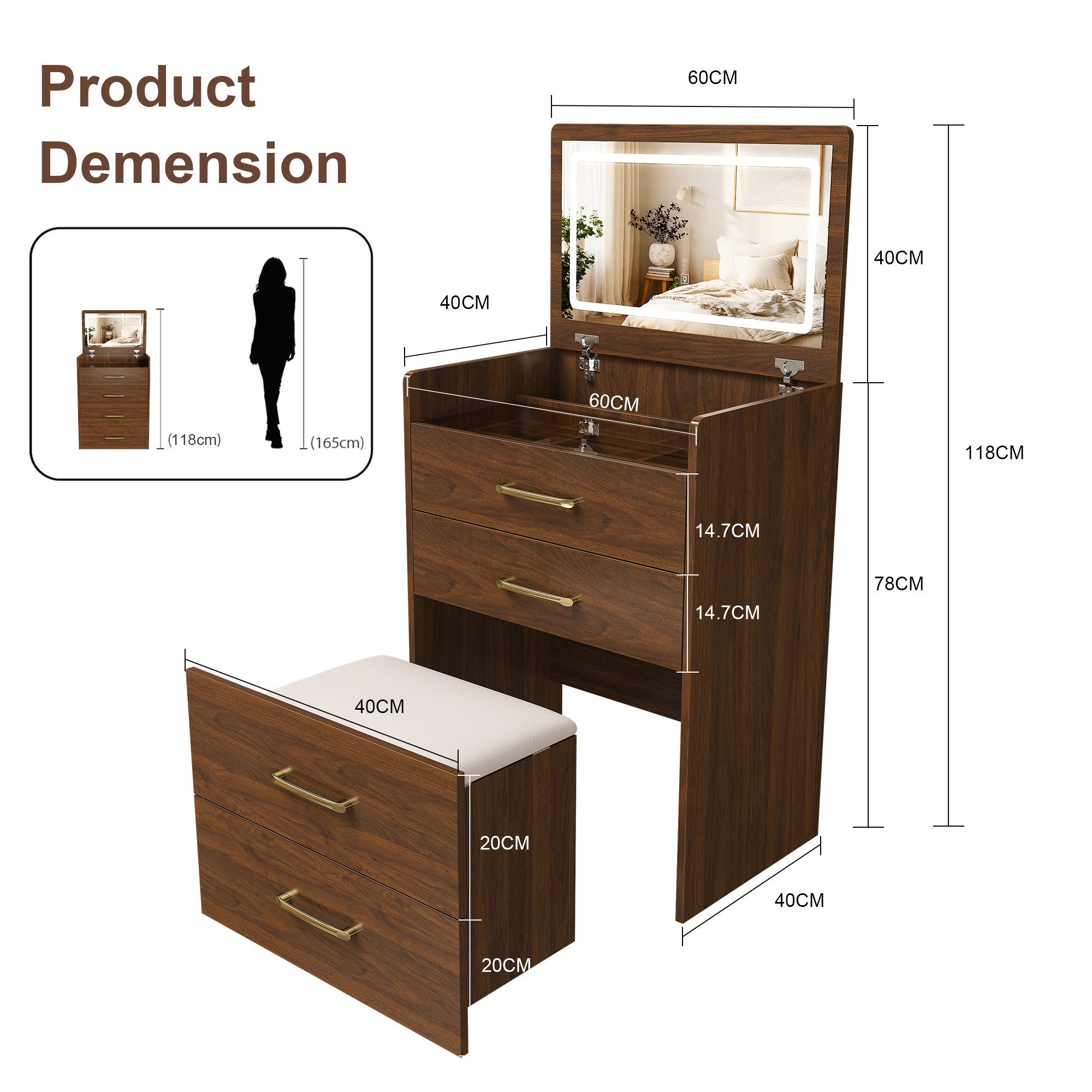BBWL Schminktisch Kompakter 3-in-1 Schminktisch mit Glasplatte, Aufklappbarem Spiegel (3 Schubladen & Bequemem Hocker für Schlafzimmer, Weiß), B60/H118/T40 cm – Bild 4 von 5