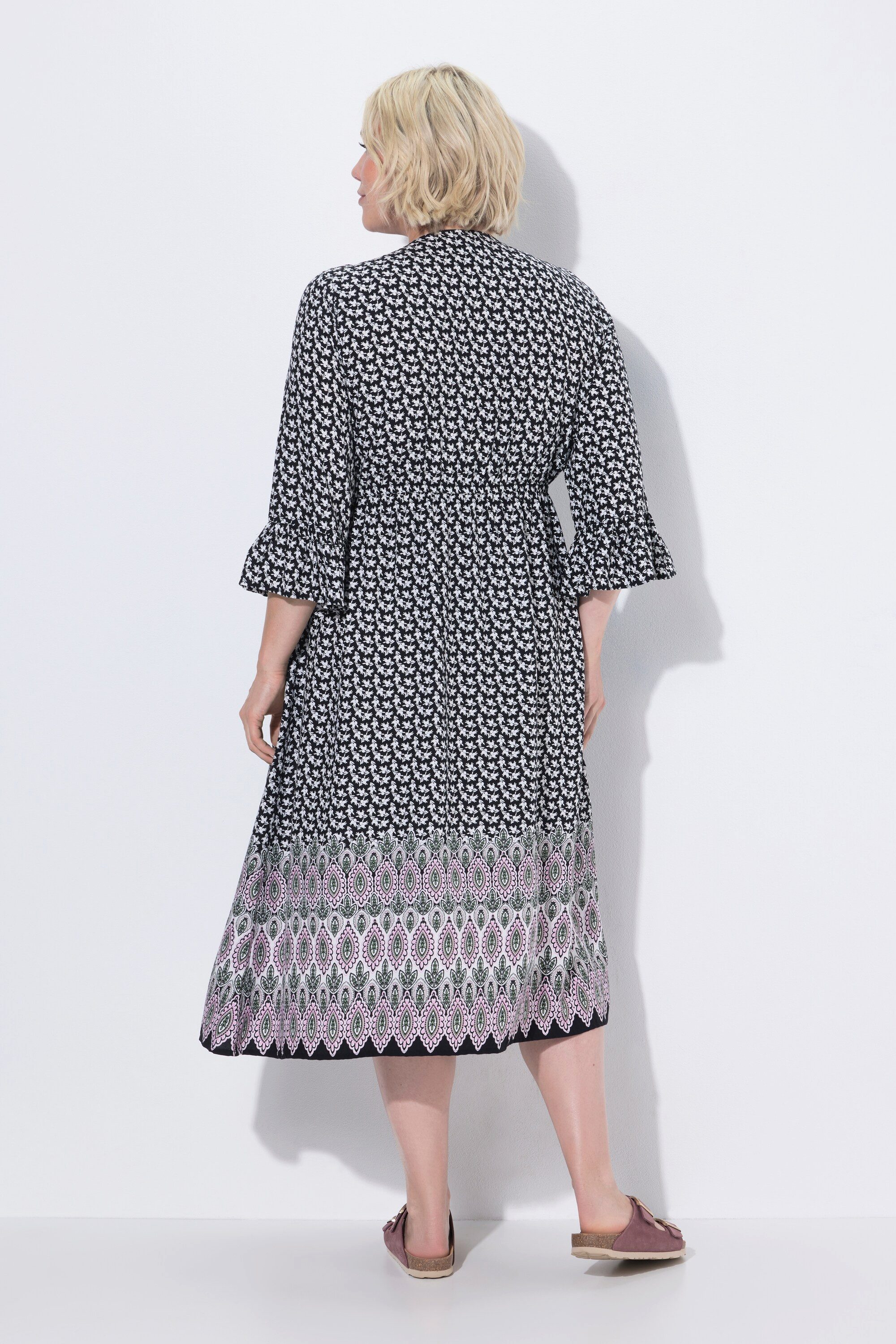 Ulla Popken Maxikleid Midikleid Tunnelzug A-Linie V-Ausschnitt 3/4-Arm