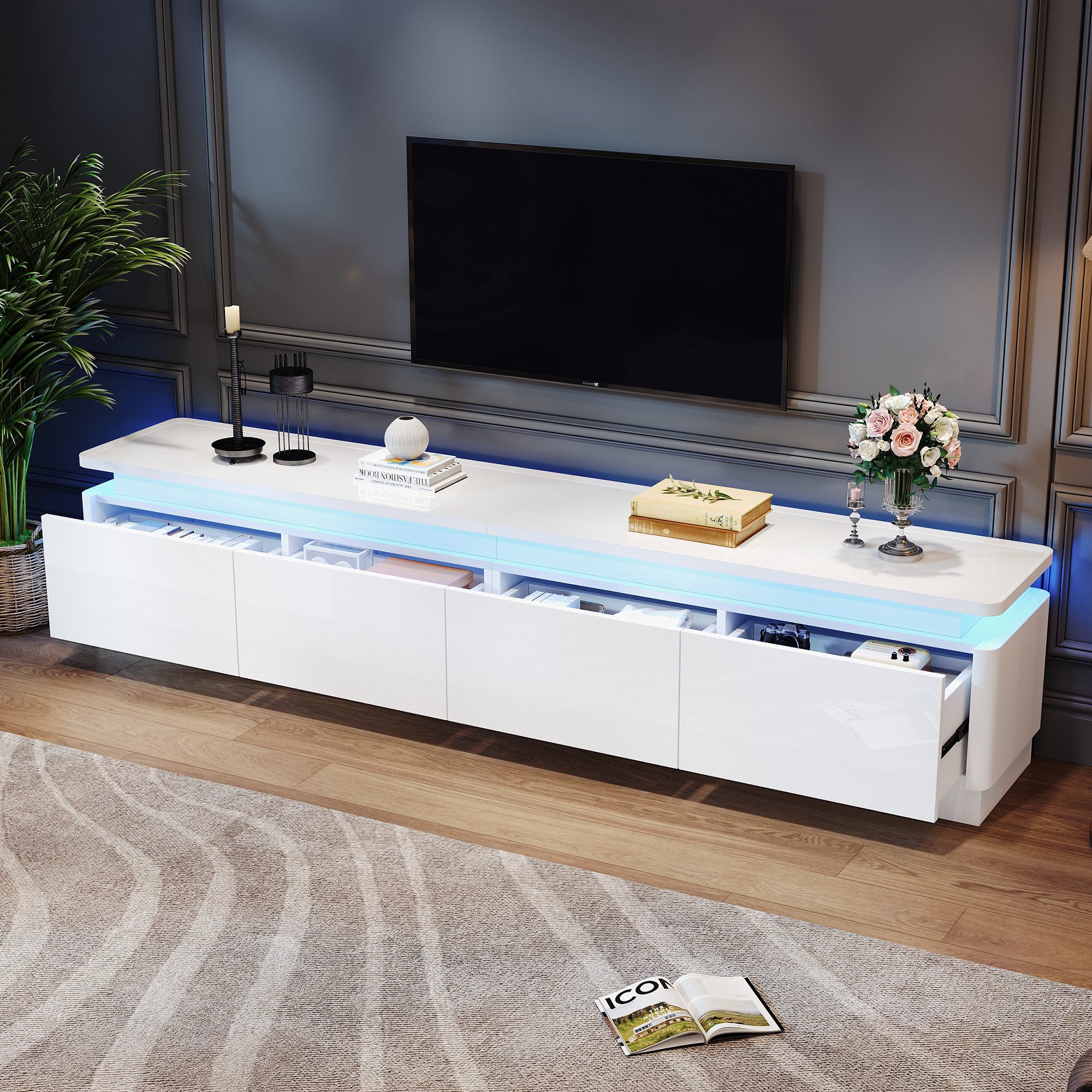 HAUSS SPOLE Wohnzimmer-Set mit Висувні ящики,TV-Regal Hochglanz-TV-Schrank mit LED-Beleuchtung, (Fernsehschrank, TV-Ständer, 1-St., mit 4 schubladen), Hochglanz, für Fernseher um 80 Zoll