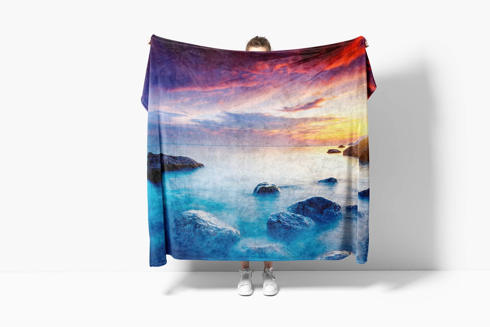 (1-St), mit Kuscheldecke Strandhandtuch Handtücher Art Meer Baumwolle-Polyester-Mix Handtuch Handtuch Saunatuch Horizo, Felsen Sinus Fotomotiv