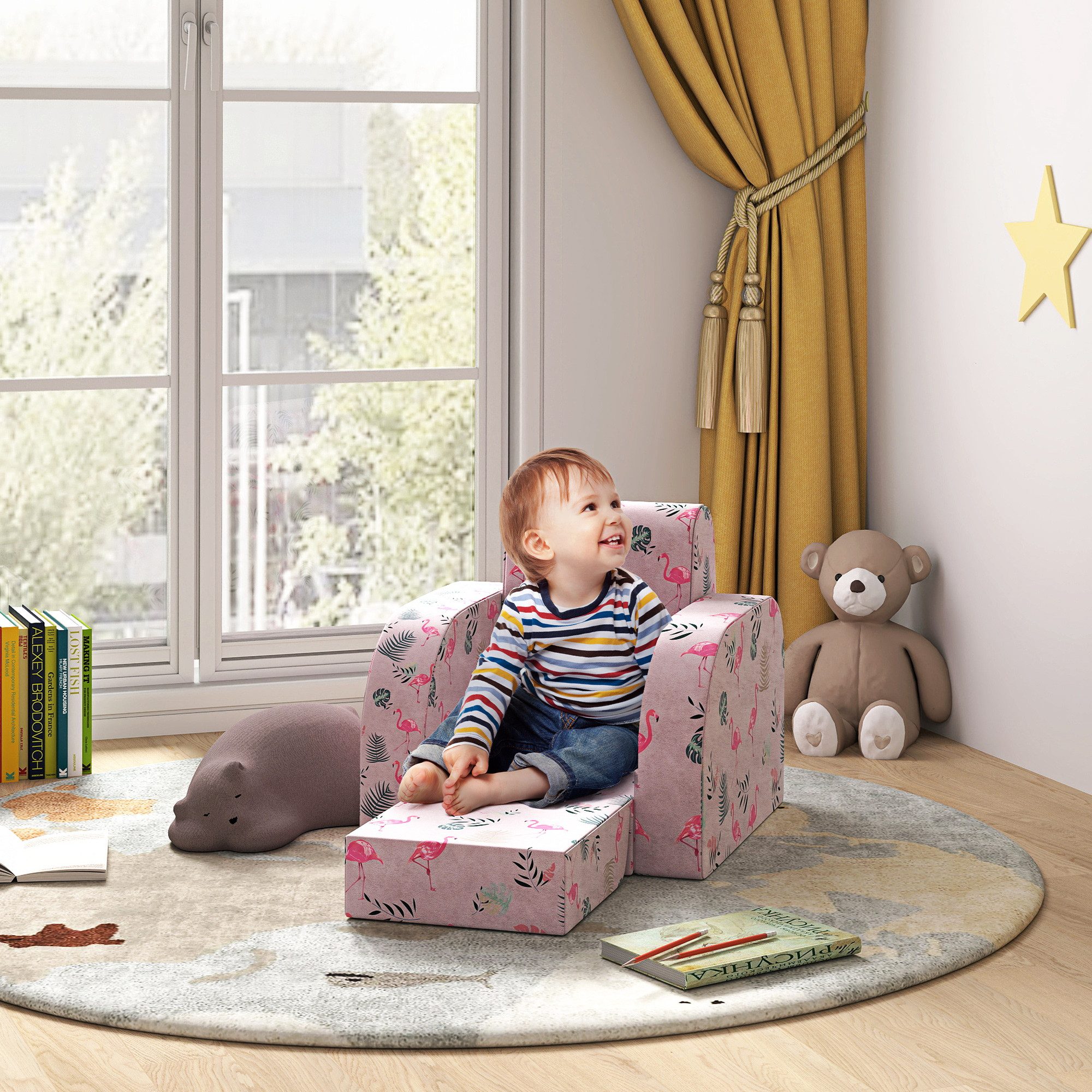 AIYAPLAY Kindersessel mit Liegefunktion, Flamingo-Muster (Kinderstuhl, günstig online kaufen