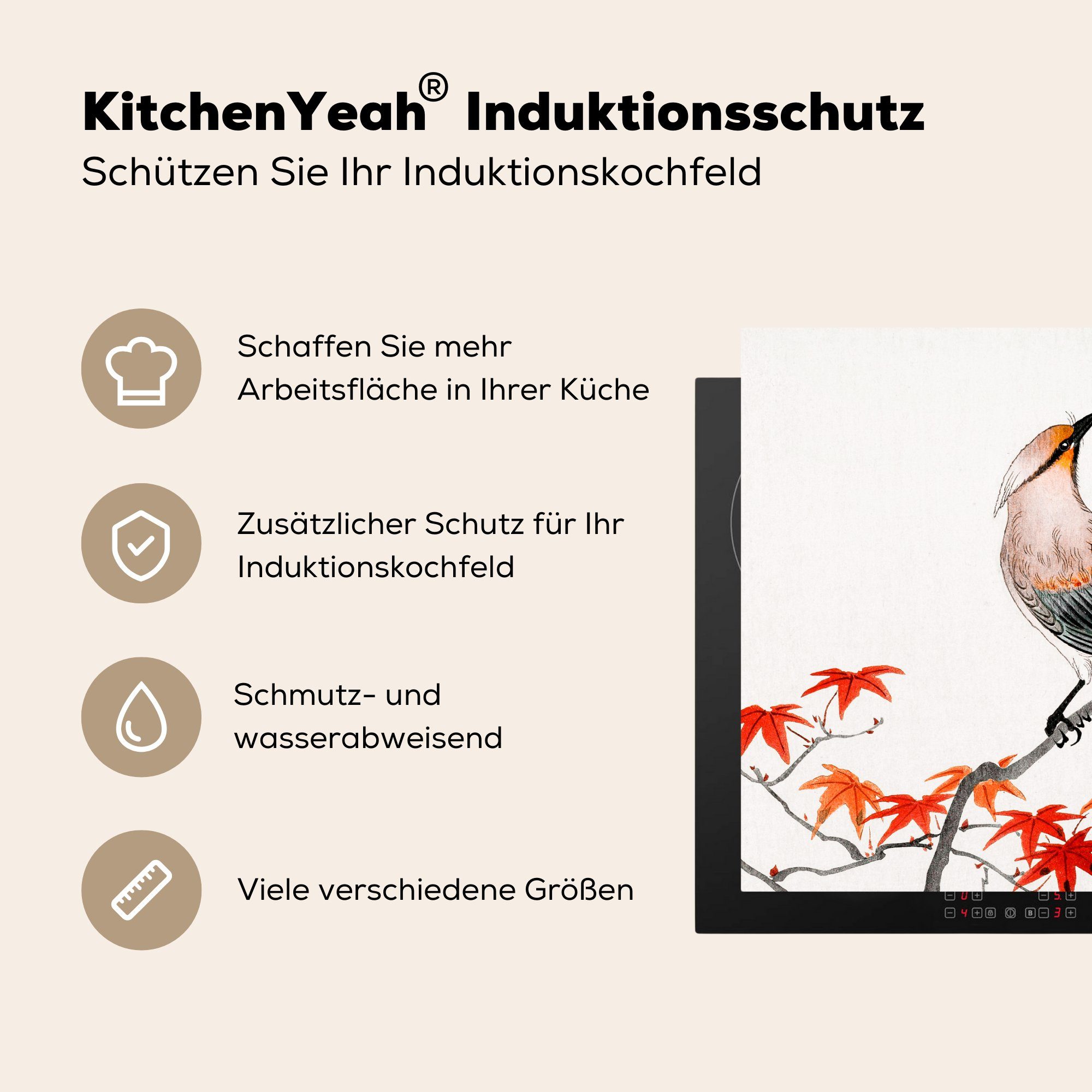 - - 77x59 Arbeitsplatte tlg), - Skandinavisch, für Ceranfeldabdeckung, Vintage Japanischer Ahorn Baum Herdblende-/Abdeckplatte - (1 cm, MuchoWow Vogel küche Vinyl,