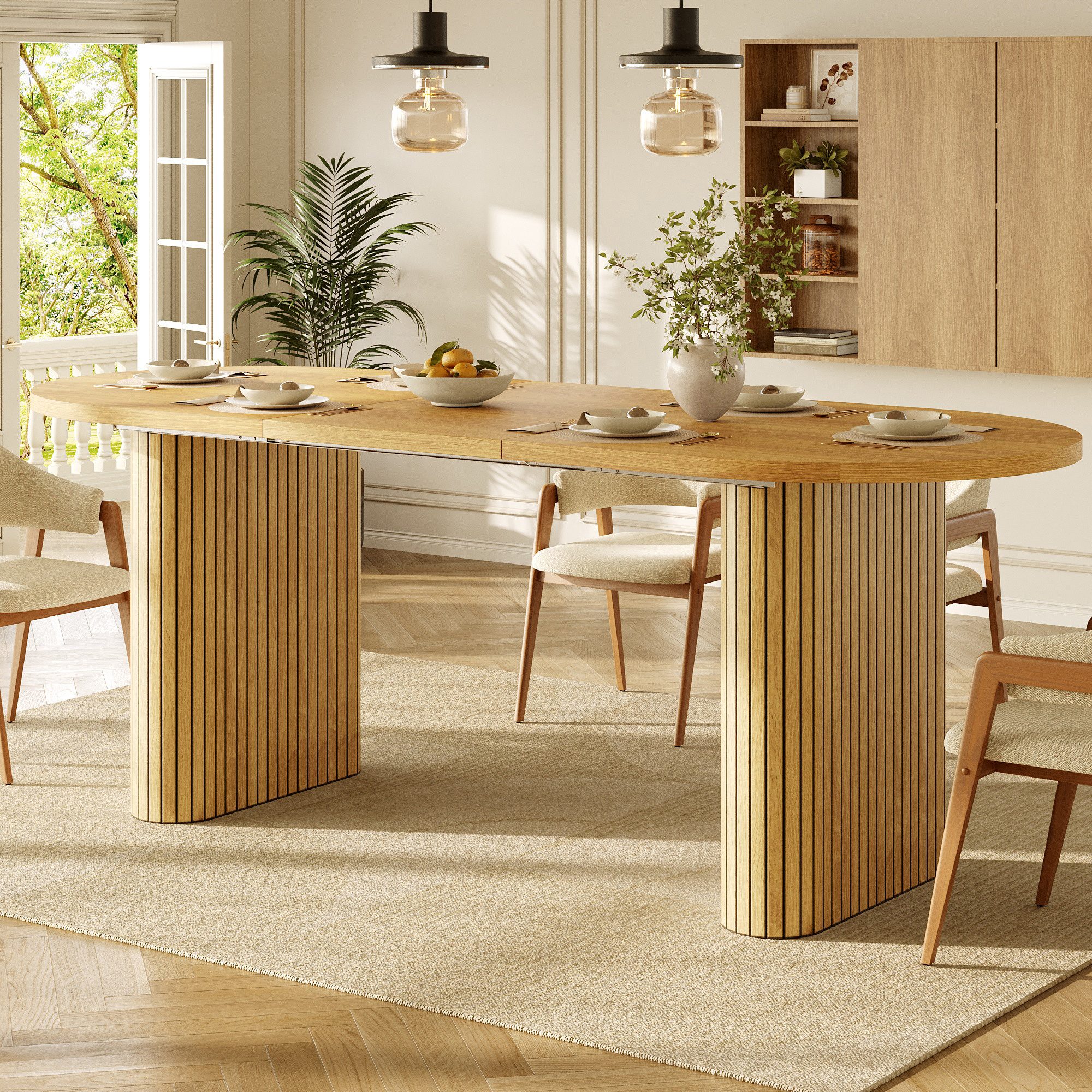 Flieks Esstisch (verstellbare Länge 120-160/T80/H75,5 cm, 1-St., 1 Tisch), ausziehbarer Küchentisch ovaler Schreibtisch Holzoptik Hellnatur