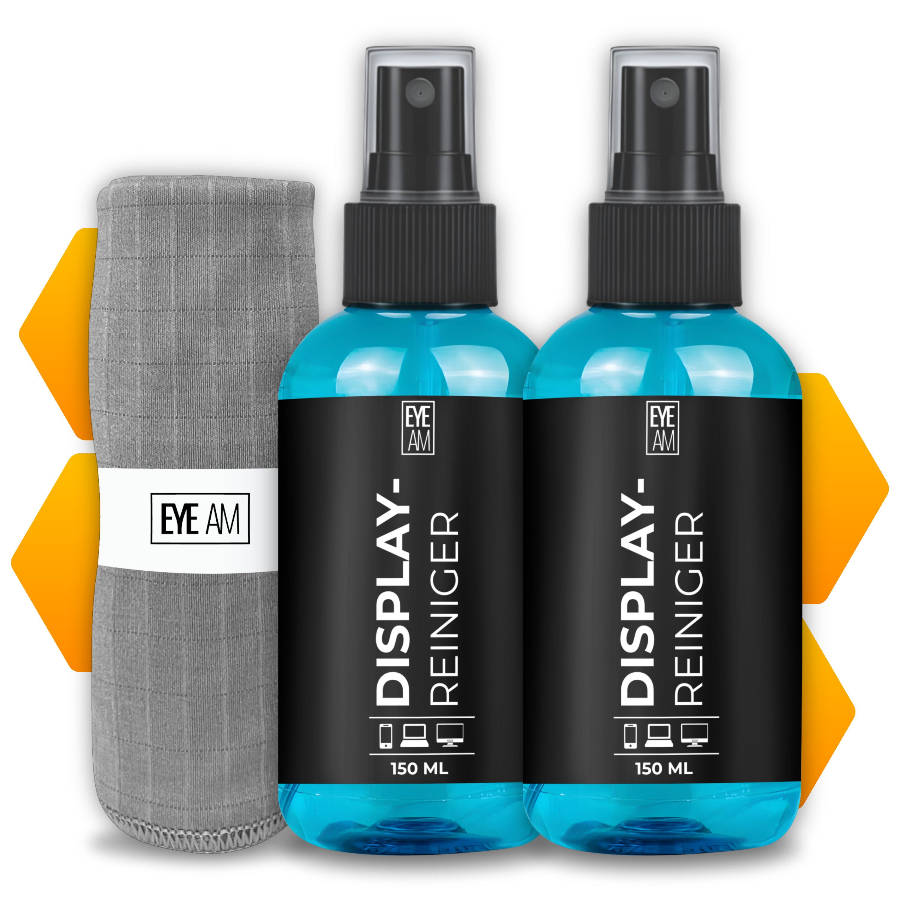 EyeAm Displayreiniger Set 2x150ml mit großem Mikrofasertuch 40x40 cm, Glasreiniger (1 Flasche für Zuhause, 1 für Büro oder Auto, Streifenfreies Reinigungsspray)
