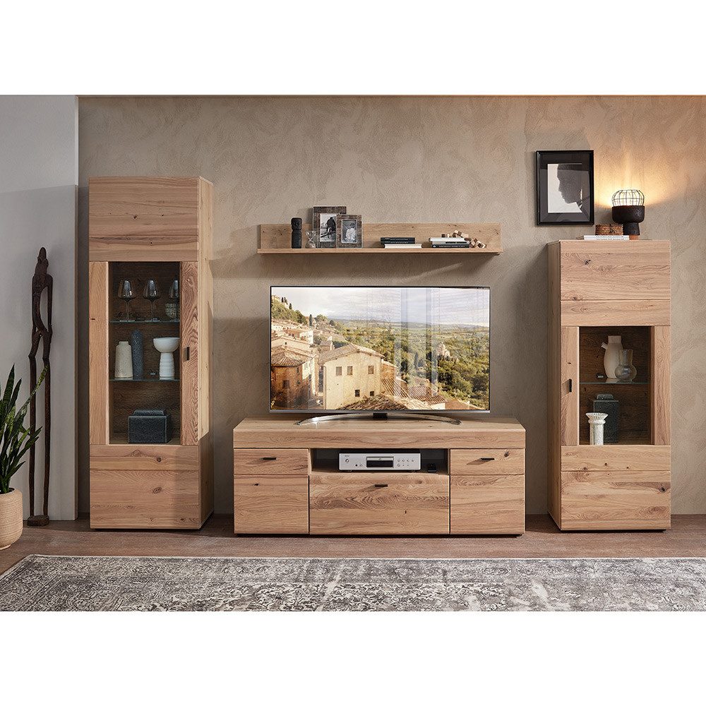 Lomadox Wohnwand MORENA-55, montiert, Softclose-Funktion, Esche teilmassiv, 4-teilig