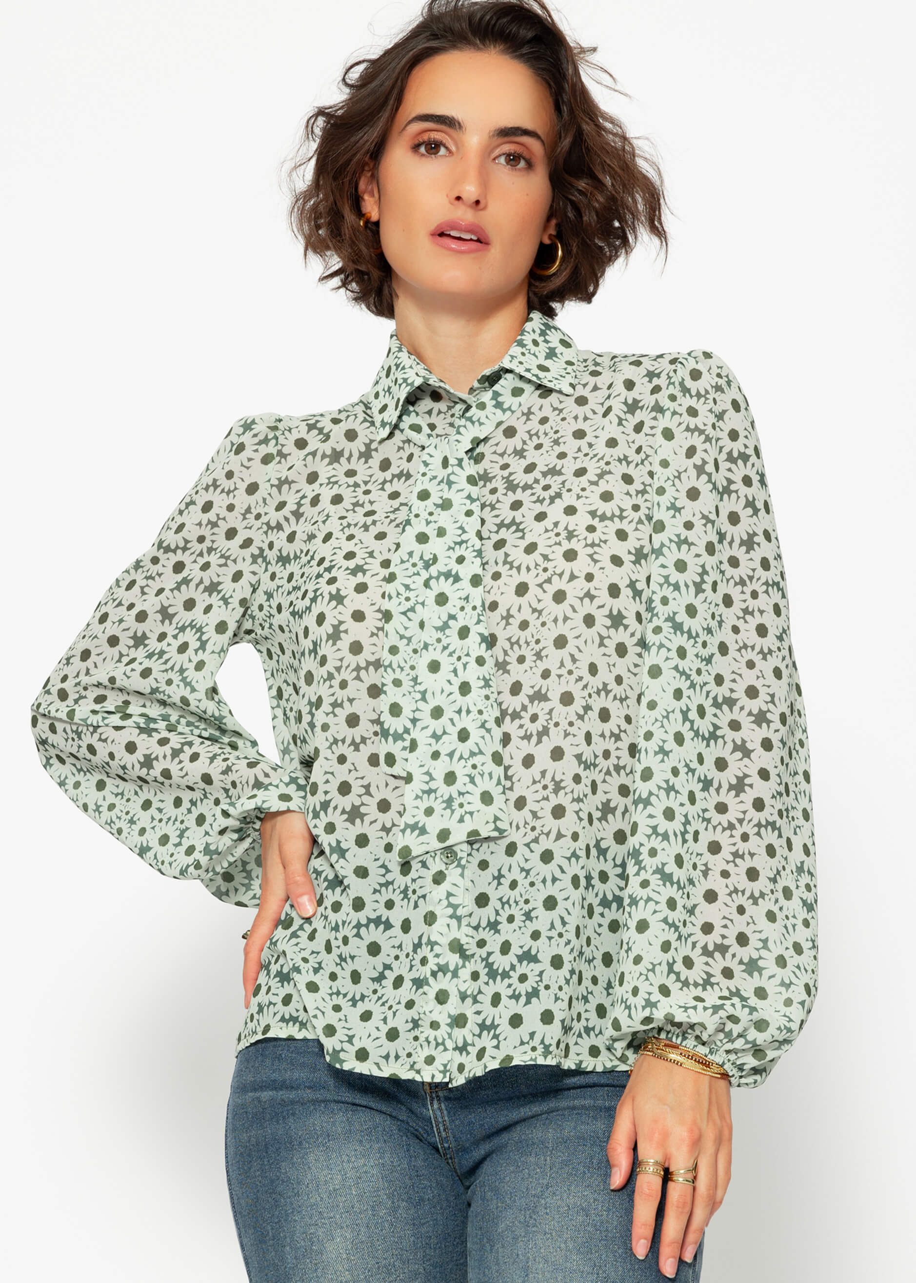 SASSYCLASSY Langarmbluse Geblümte Bluse Damen mit Schluppenverschluss Elegante Bluse mit Schluppenkragen Ballonärmeln floralem Print Grün